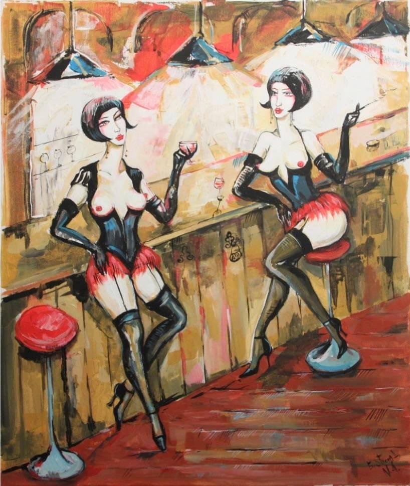Ladies of the Night drinking at Bar - Signed Oil Painting