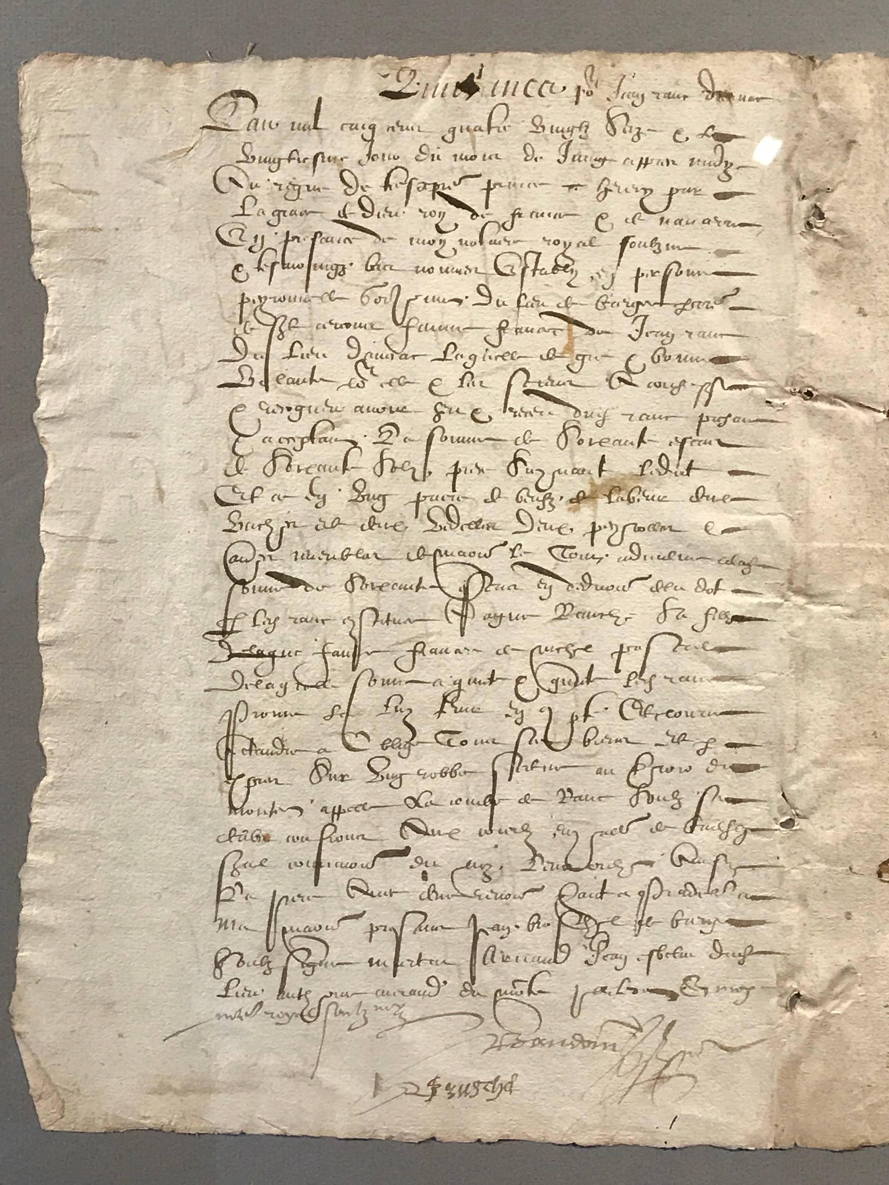 Very fine and rare original hand written French legal document, dated 1597. The item is both a fascinating historical artifact, but for todays interior it offers the ultimate in unique furnishing for your walls. 

This incredibly rare document is