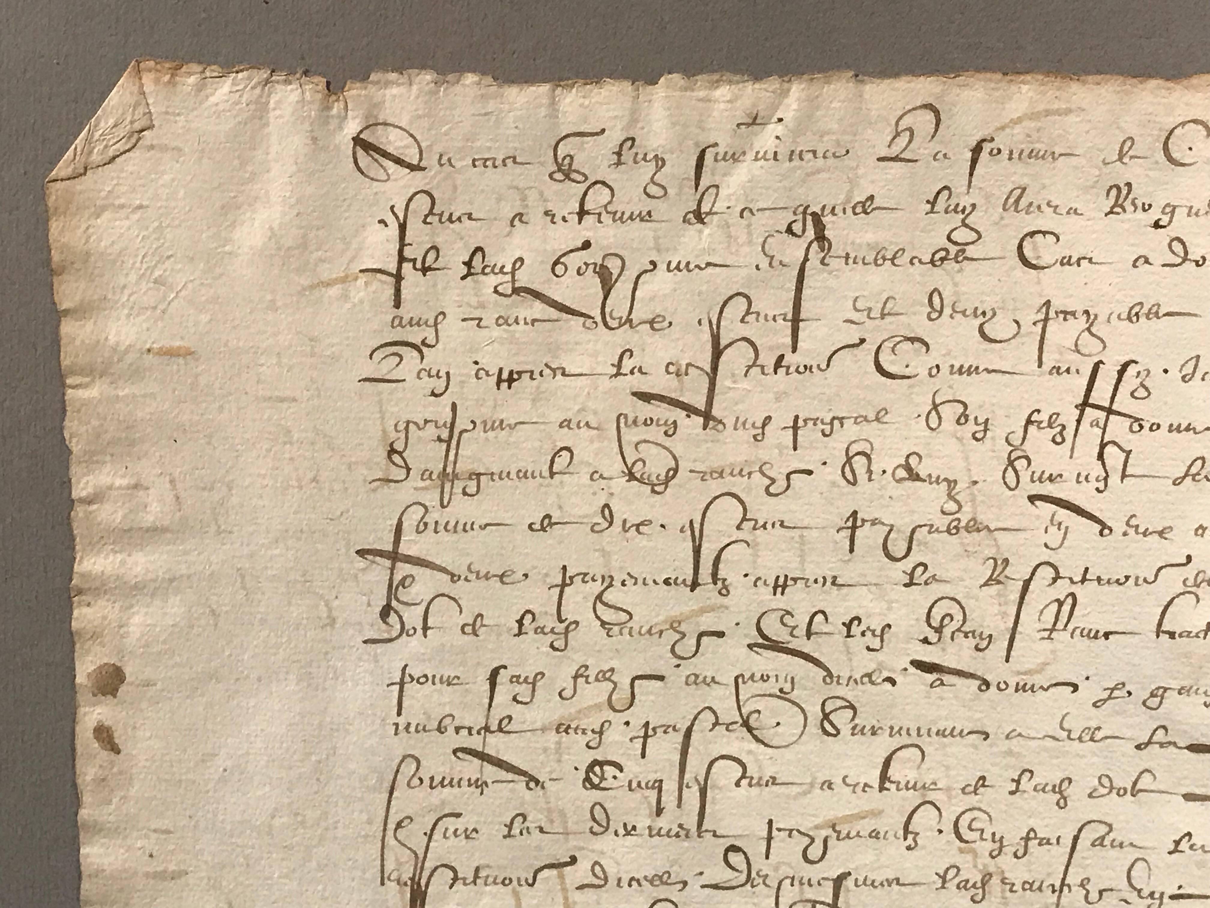 Very fine and rare original hand written French legal document, dated 1597. The item is both a fascinating historical artifact, but for todays interior it offers the ultimate in unique furnishing for your walls. 

This incredibly rare document is
