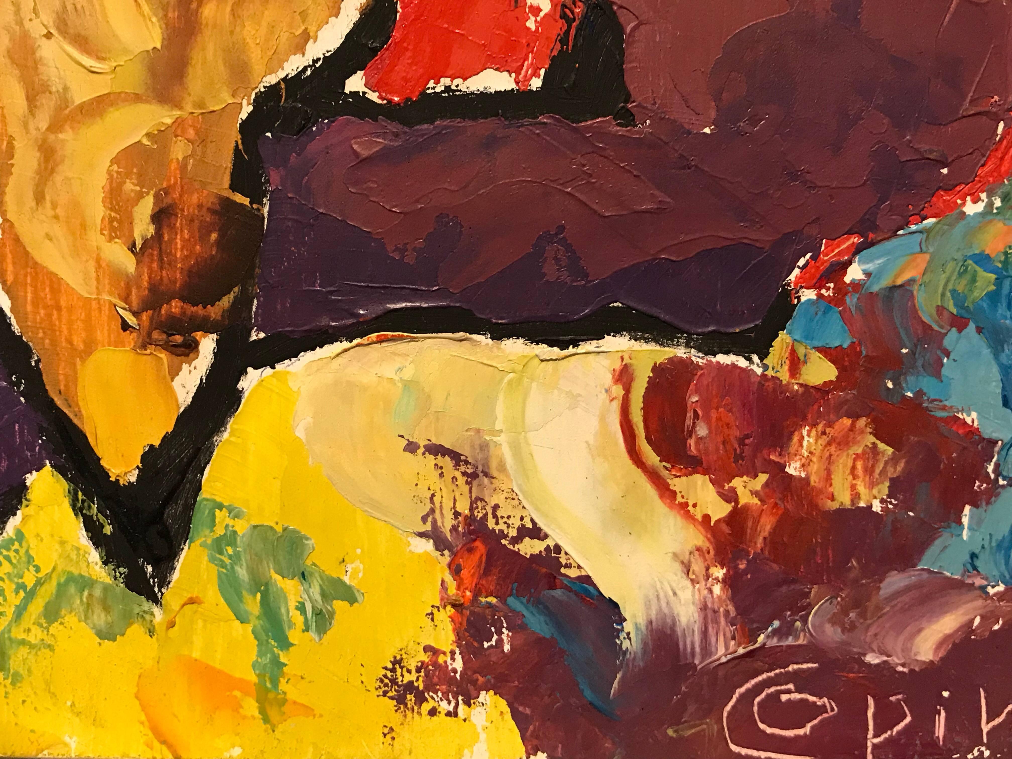 Pittura ad olio astratta espressionista francese dai colori caldi e morbidi - Abstract Painting Marrone di Andre Copin