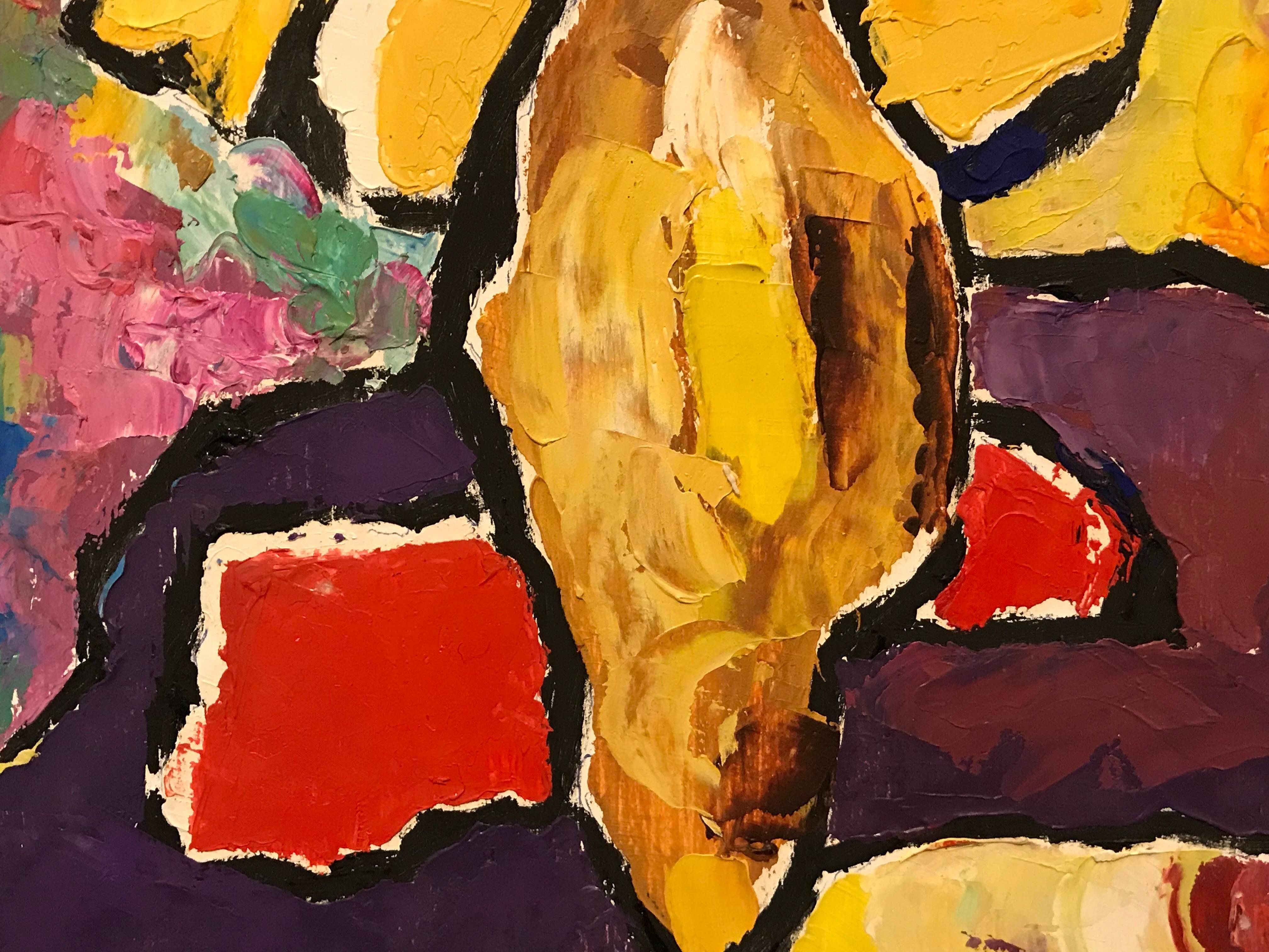 Superbo dipinto ad olio astratto espressionista francese del popolare pittore francese del XX secolo, Andre Copin (1911-1998). Il dipinto è firmato nell'angolo inferiore e risale al periodo degli anni '80.

L'opera mostra un'incredibile gamma di