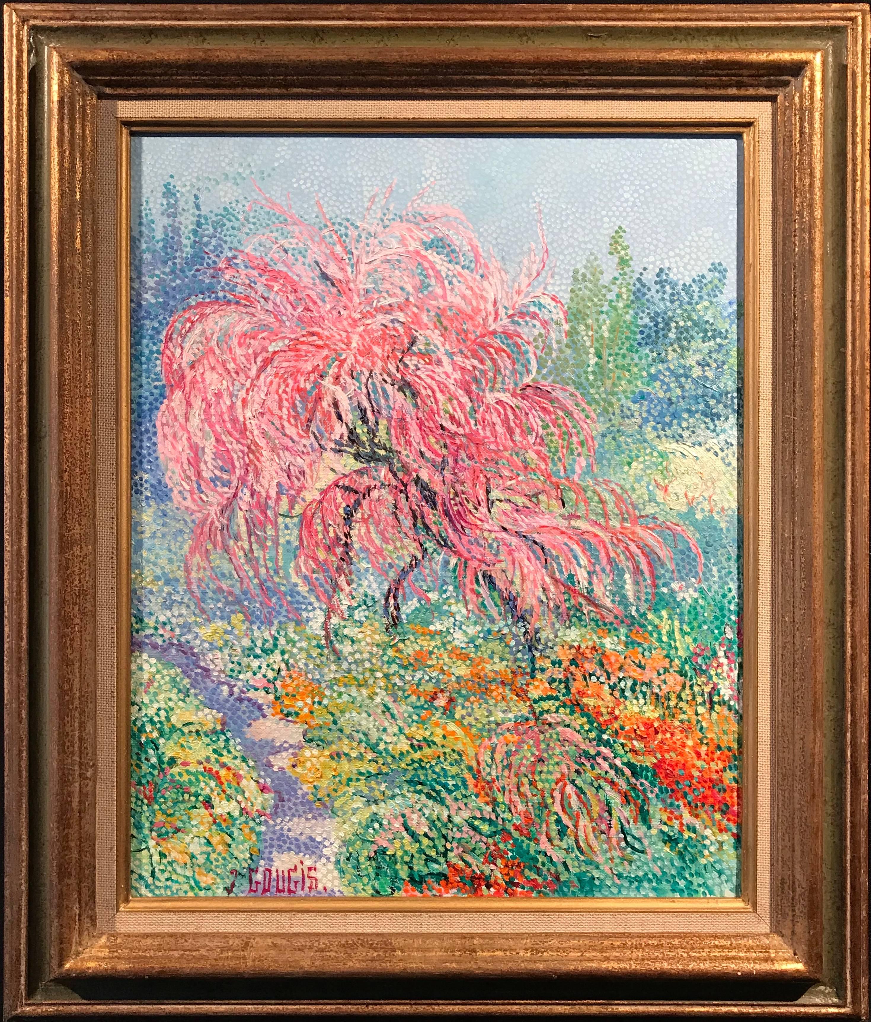 La Jardin de Claude Monet, Giverny, peinture à l'huile pointilliste - Painting de Jacqueline Gougis