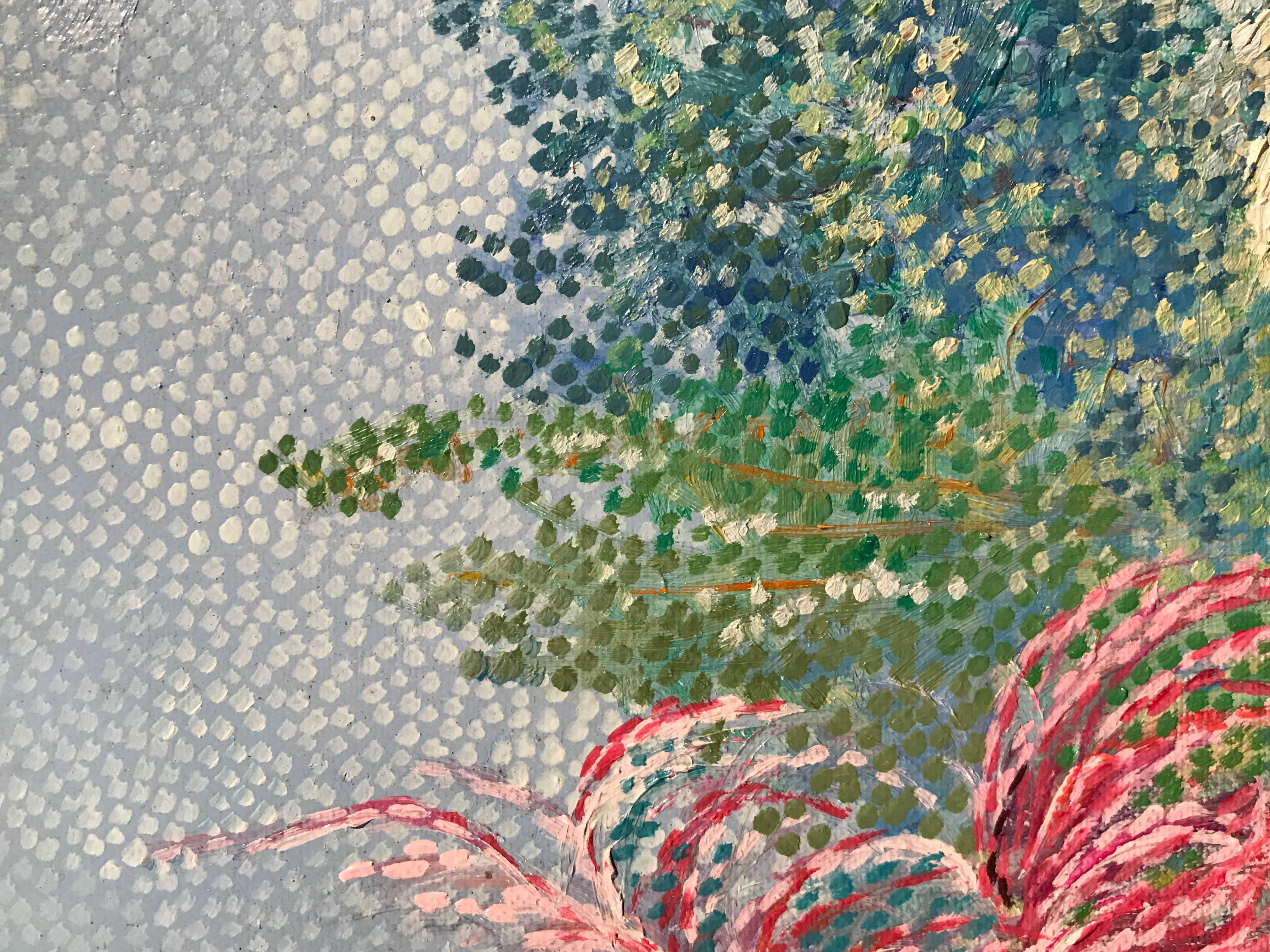 La Jardin de Claude Monet, Giverny, peinture à l'huile pointilliste - Pointillisme Painting par Jacqueline Gougis