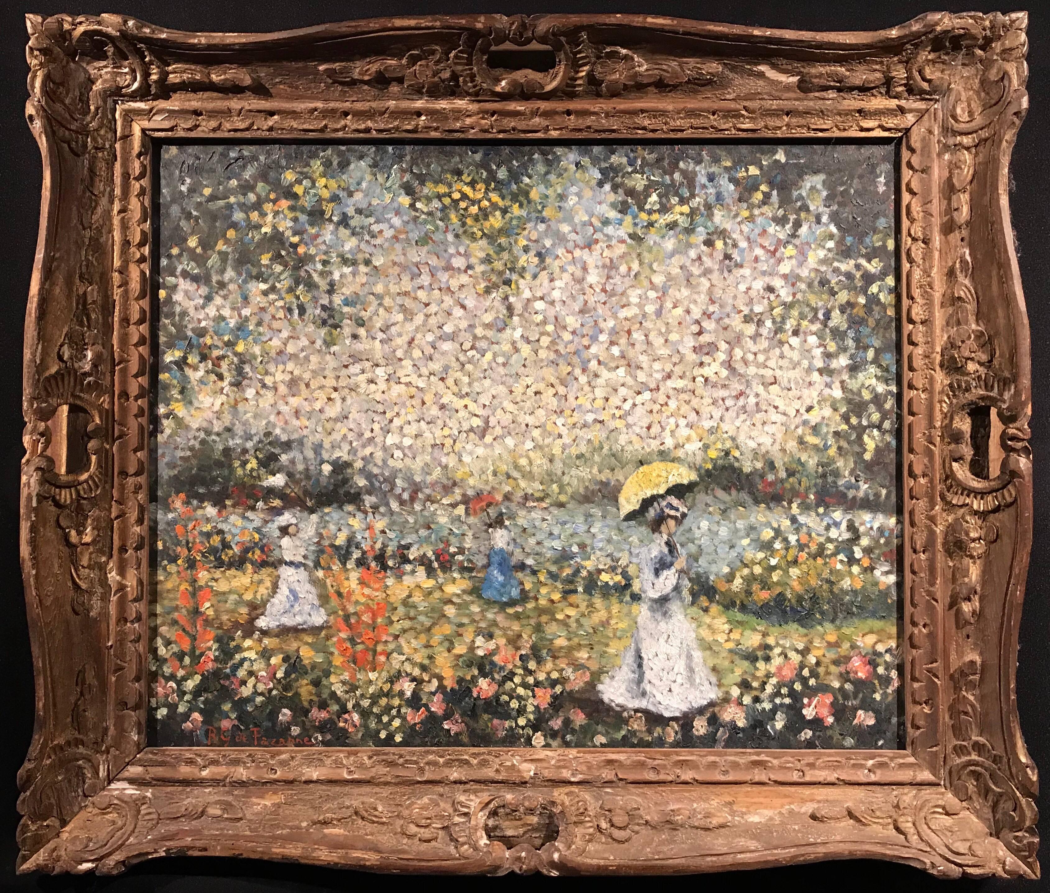 French Pointillist Signed Oil Elegant Ladies with Parasols - Painting by R.G. de Pazanne