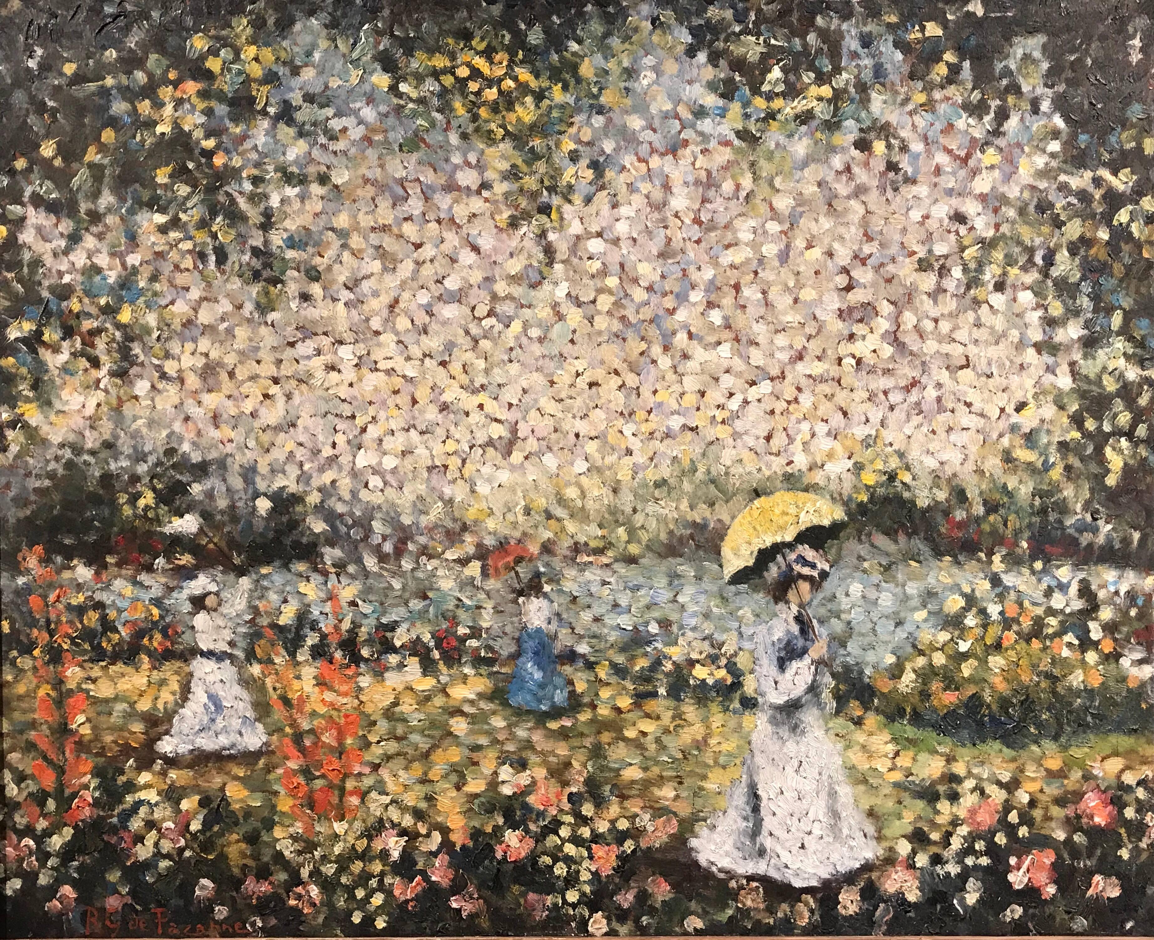 R.G. de Pazanne Figurative Painting - French Pointillist Signed Oil Elegant Ladies with Parasols