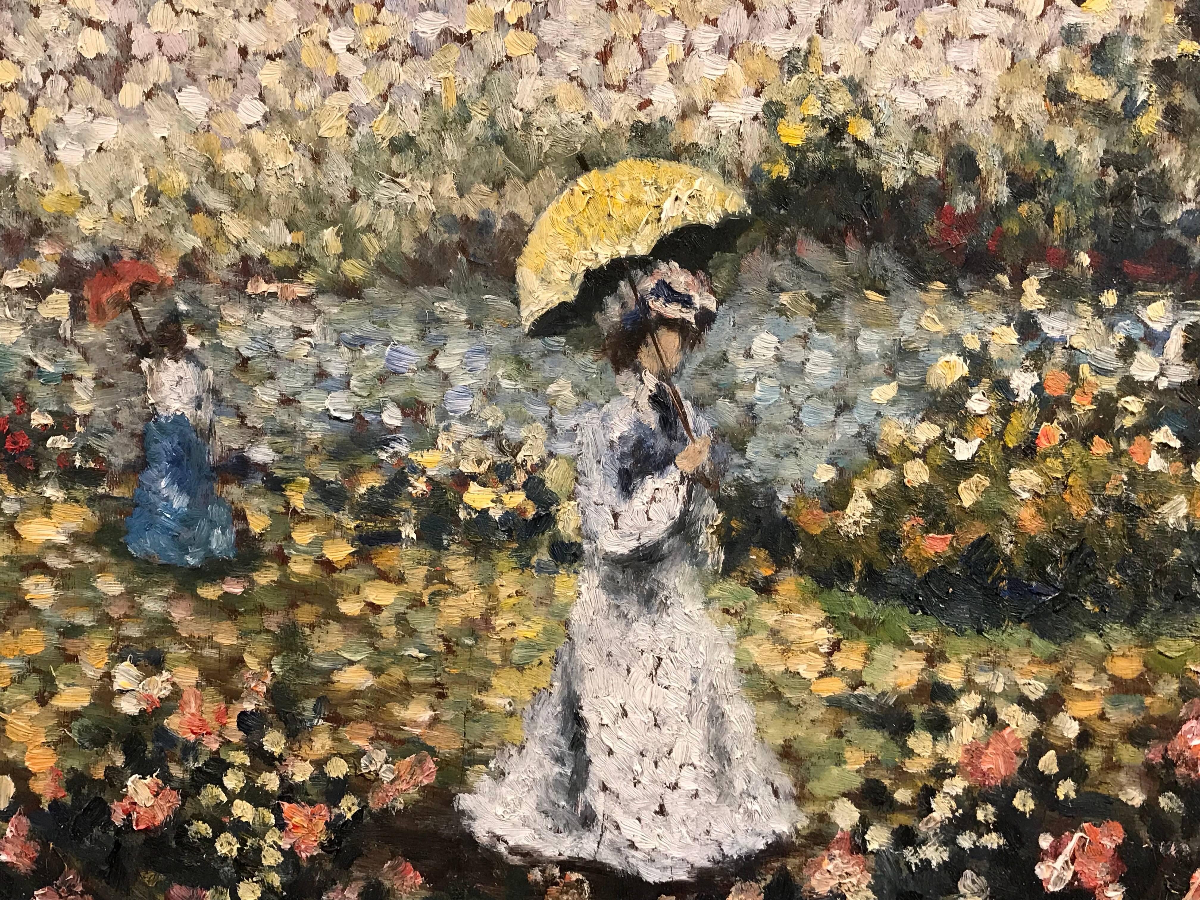 French Pointillist Signed Oil Elegant Ladies with Parasols - Brown Figurative Painting by R.G. de Pazanne