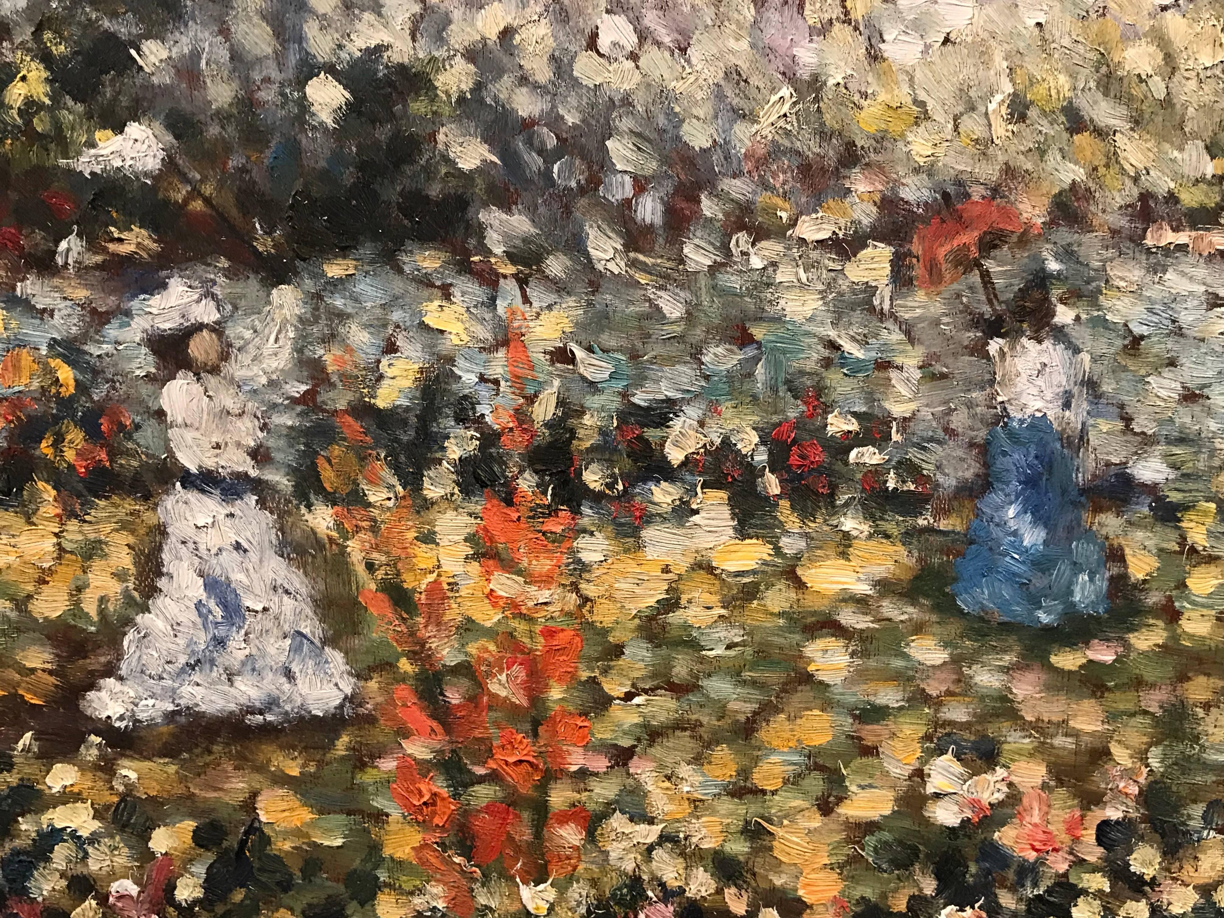 French Pointillist Signed Oil Elegant Ladies with Parasols 2