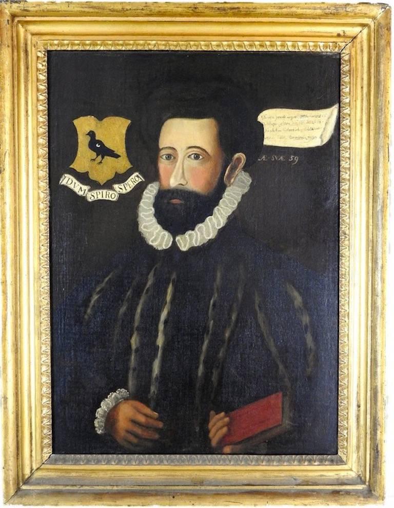 Unknown Portrait Painting - The Tudor Gentleman - Family Portrait with Coat of Arms
