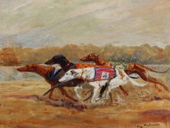 Antique Racing Greyhounds signed oil painting