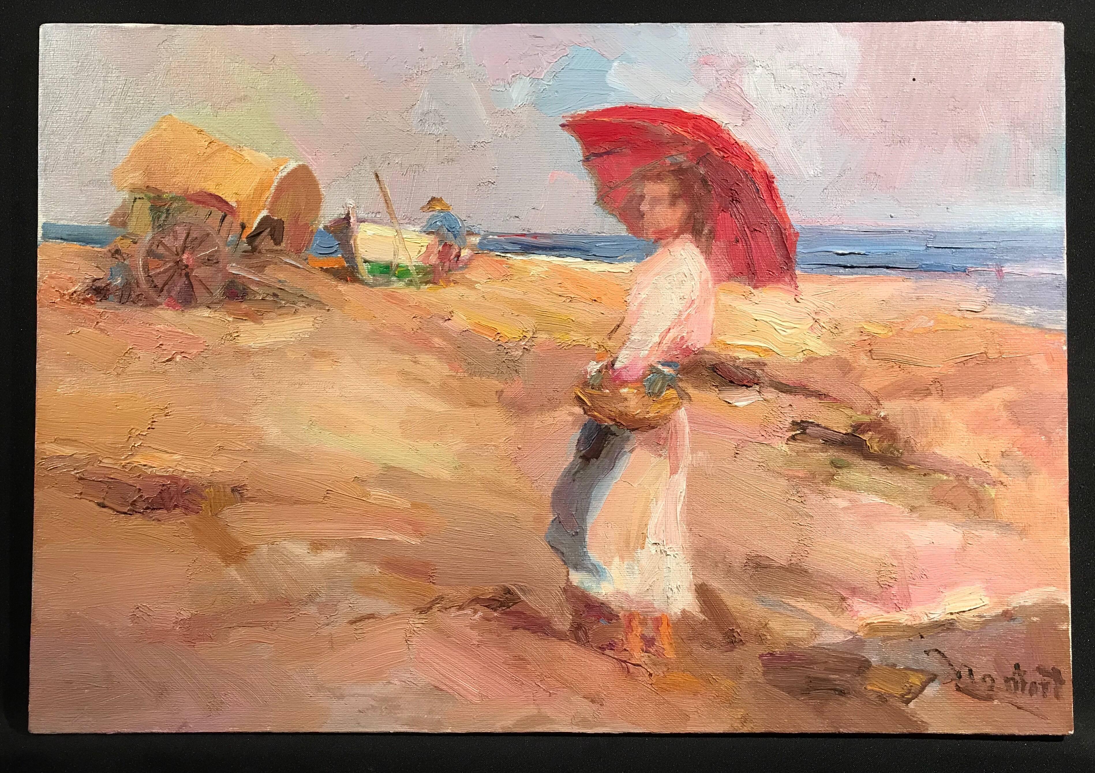 French Impressionist Oil - Lady on Beach - Painting by Unknown