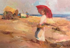 Huile impressionniste française - Femme à la plage