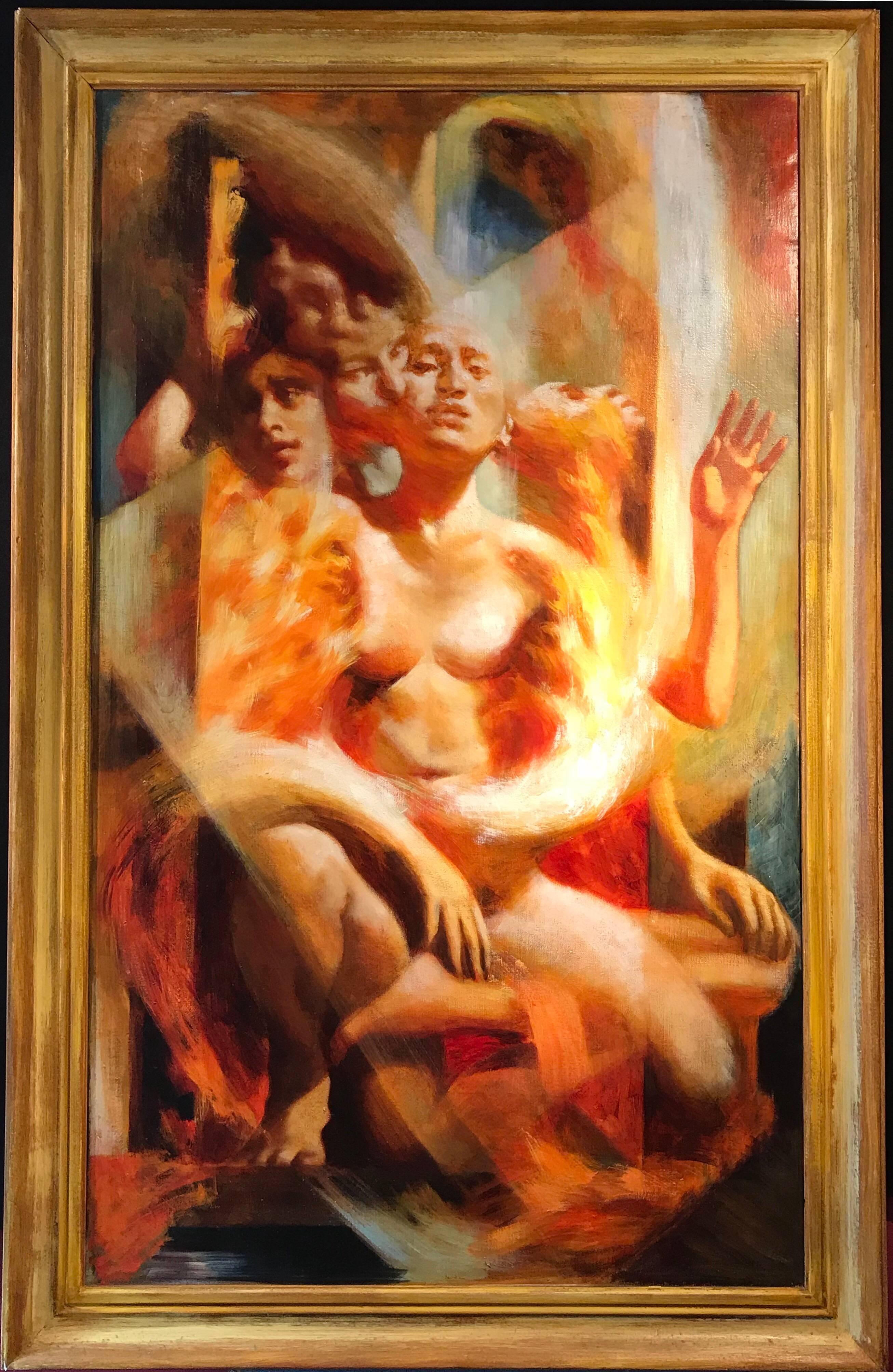 Unknown Nude Painting - Huge Surrealist Haunting Oil Nude Lady