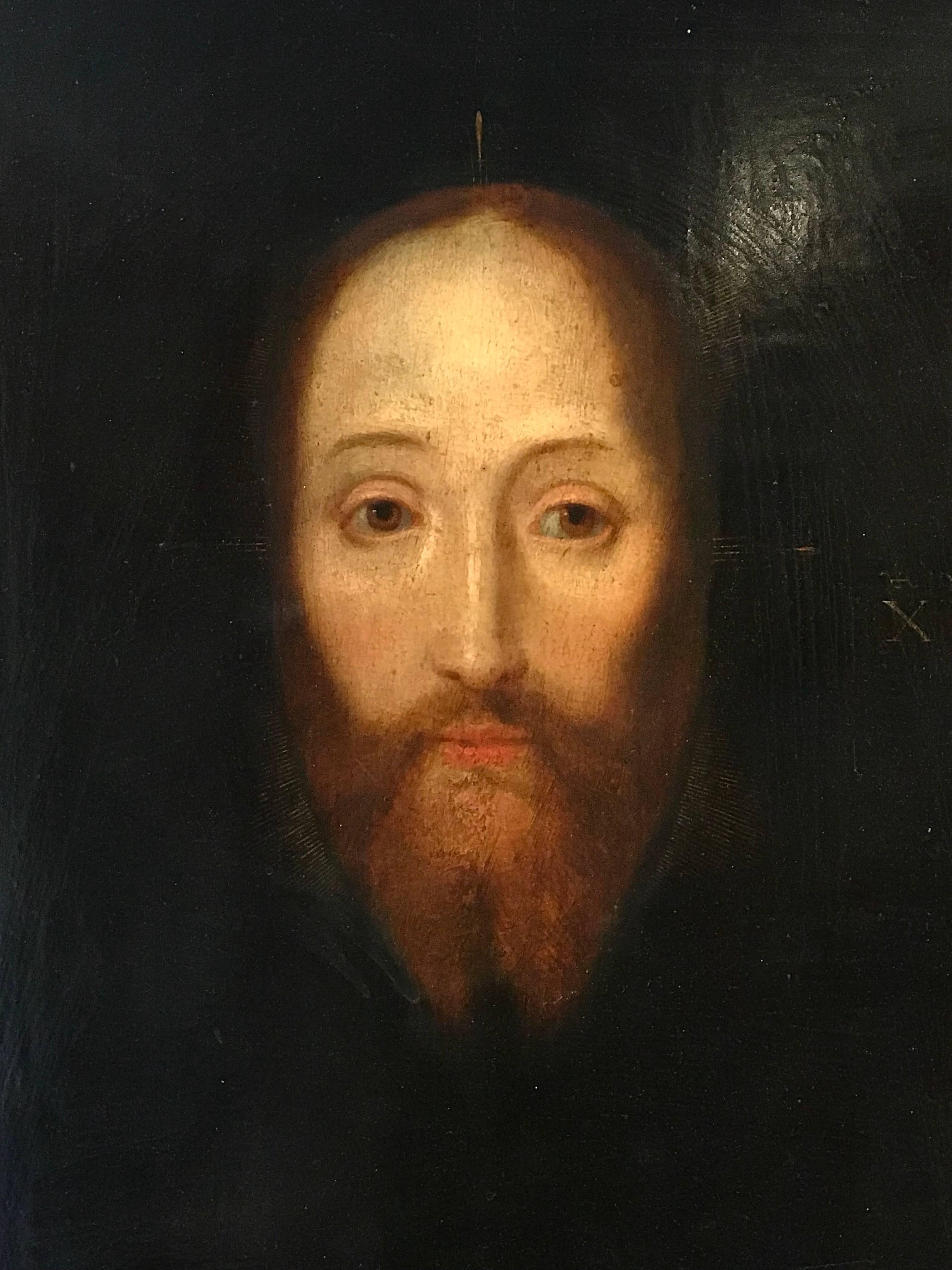 Unknown Portrait Painting - 17th Century Flemish Old Master Oil on Oak Panel - Head of Christ