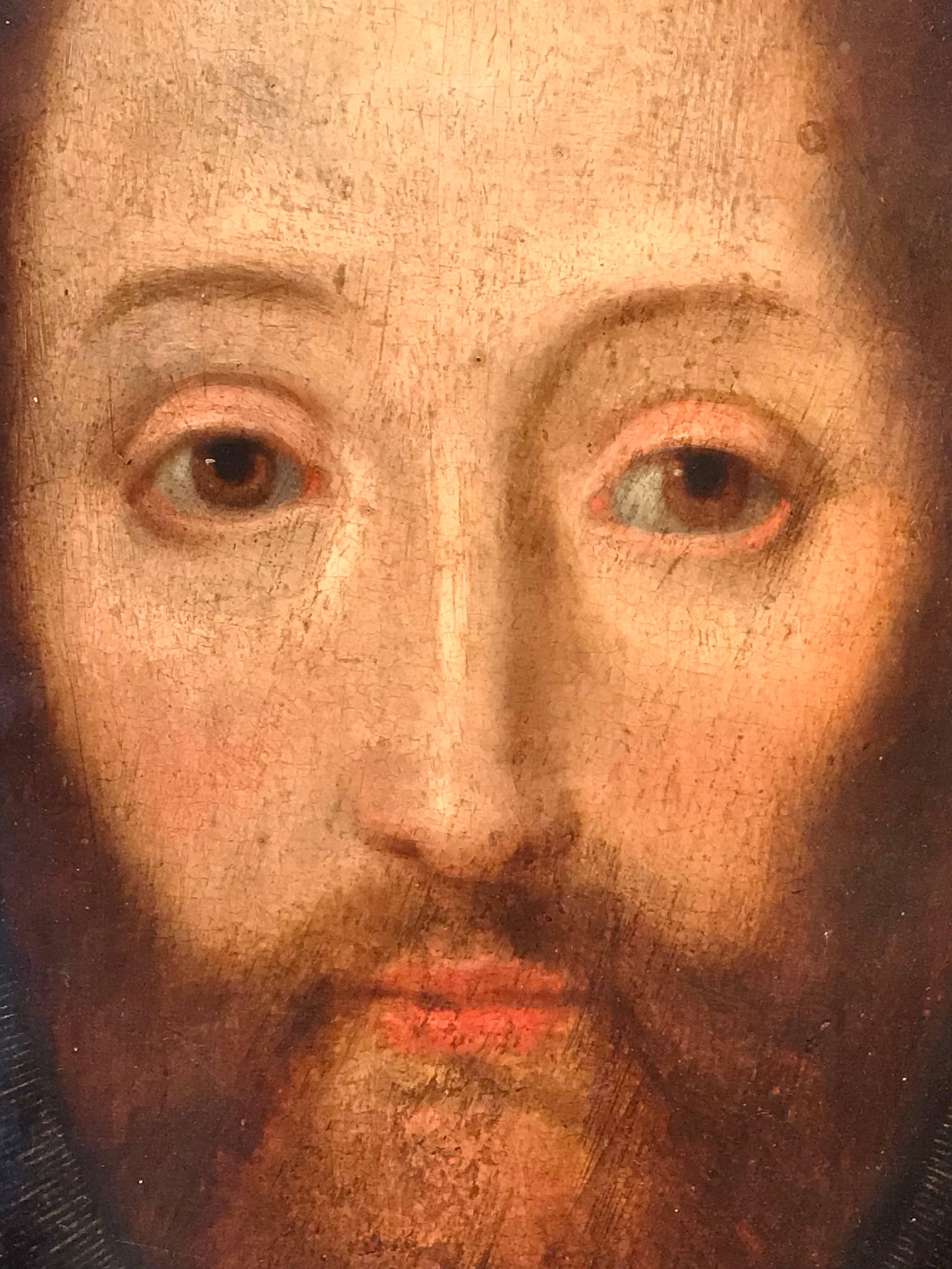 17th Century Flemish Old Master Oil on Oak Panel - Head of Christ - Old Masters Painting by Unknown