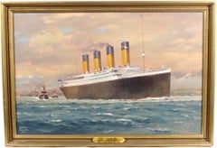 R.M.S. Titanic leaving harbour, signed oil on canvas
