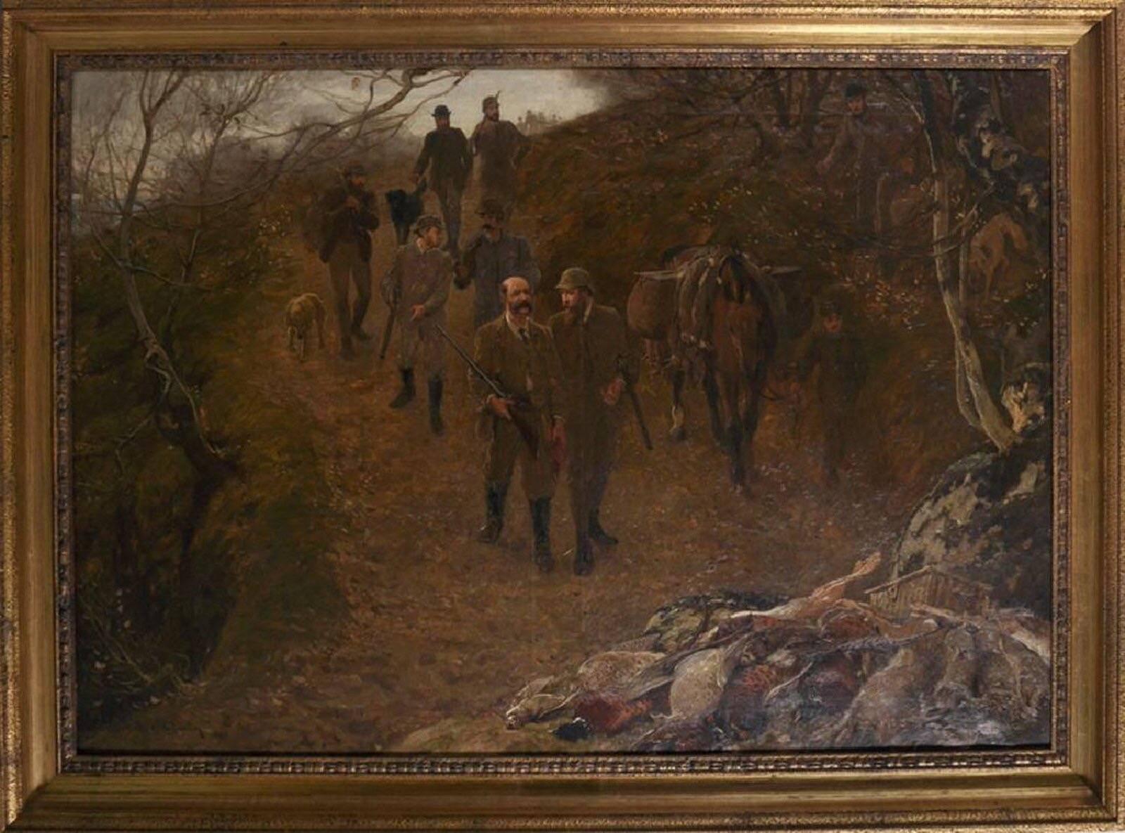 Return of the Guns Victorian Shooting Party signed oil painting - Painting by John Charlton