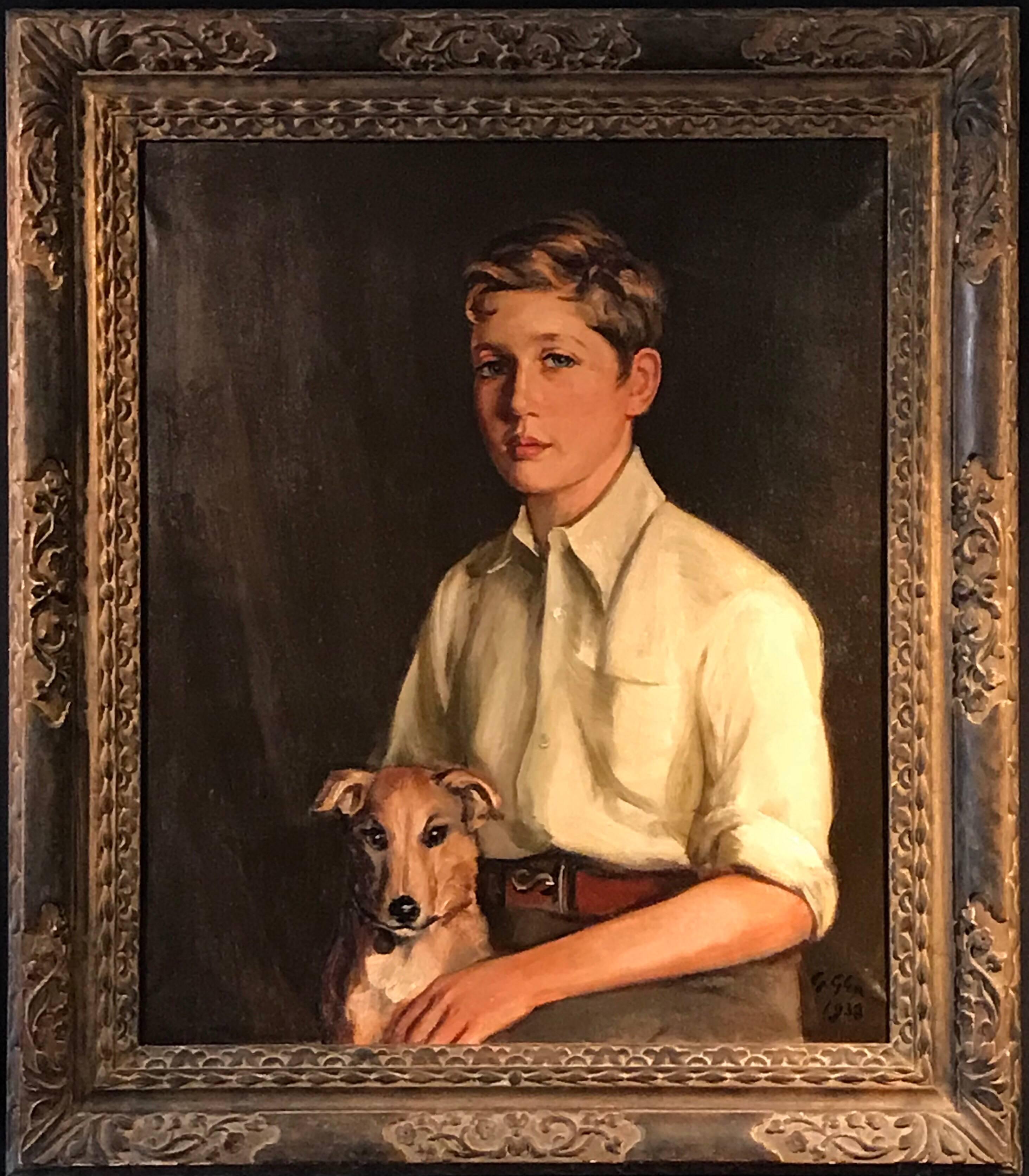 Unknown Animal Painting - Portrait of Young Gentleman and His Dog, signed oil painting