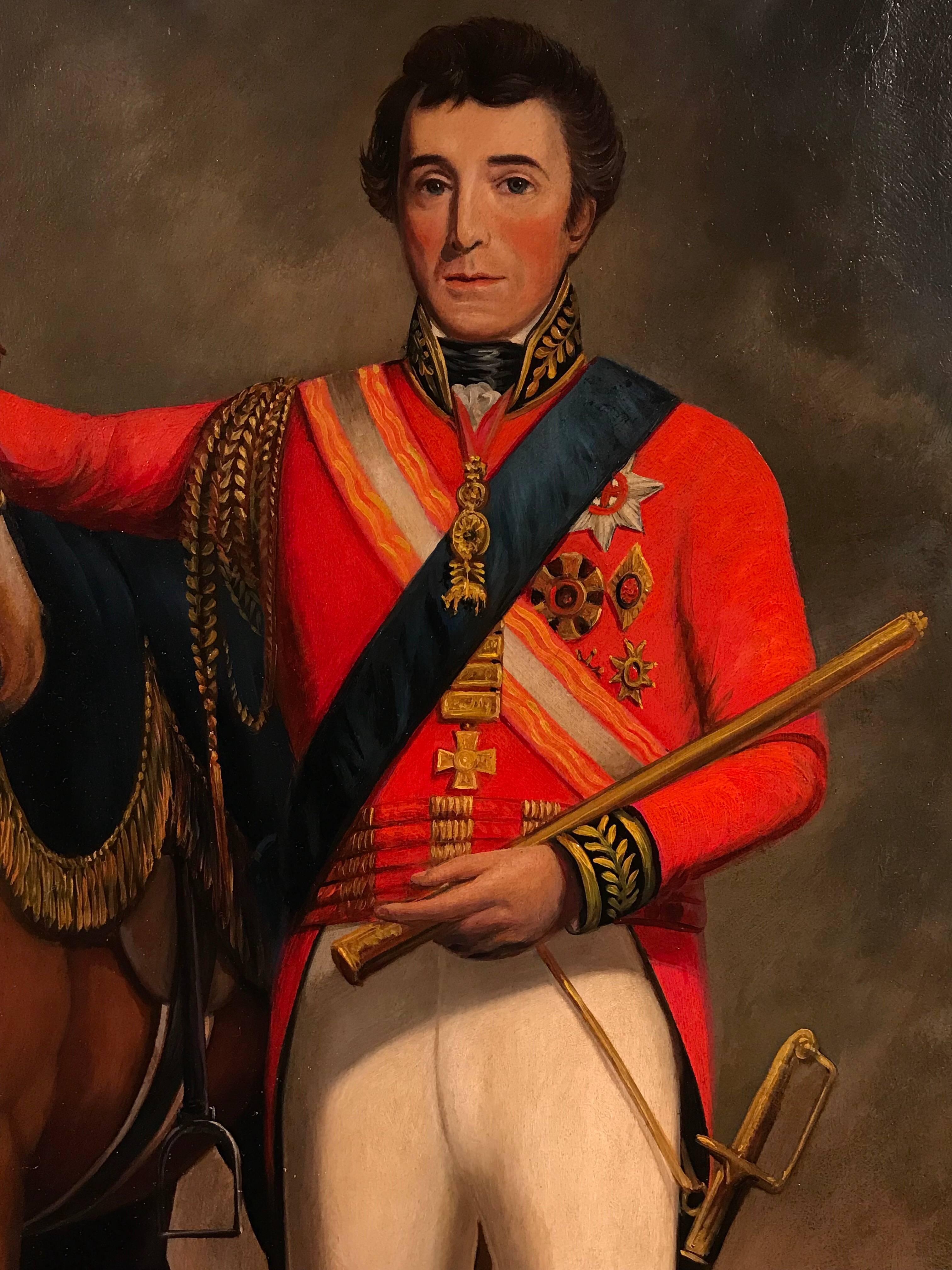 Very fine antique oil painting on canvas, depicting Arthur Wellesley, 1st. Duke of Wellington. He stands beside his favourite charger whilst soldiers can be seen in the background in battle. 

The painting itself dates to the mid 19th century and is