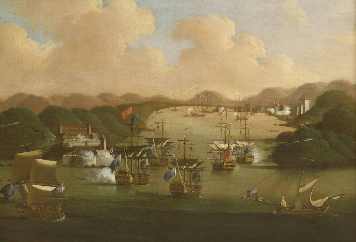 Studio of Samuel Scott Landscape Painting - The capture of Porto Bello, 21st November 1739 , large oil painting on canvas