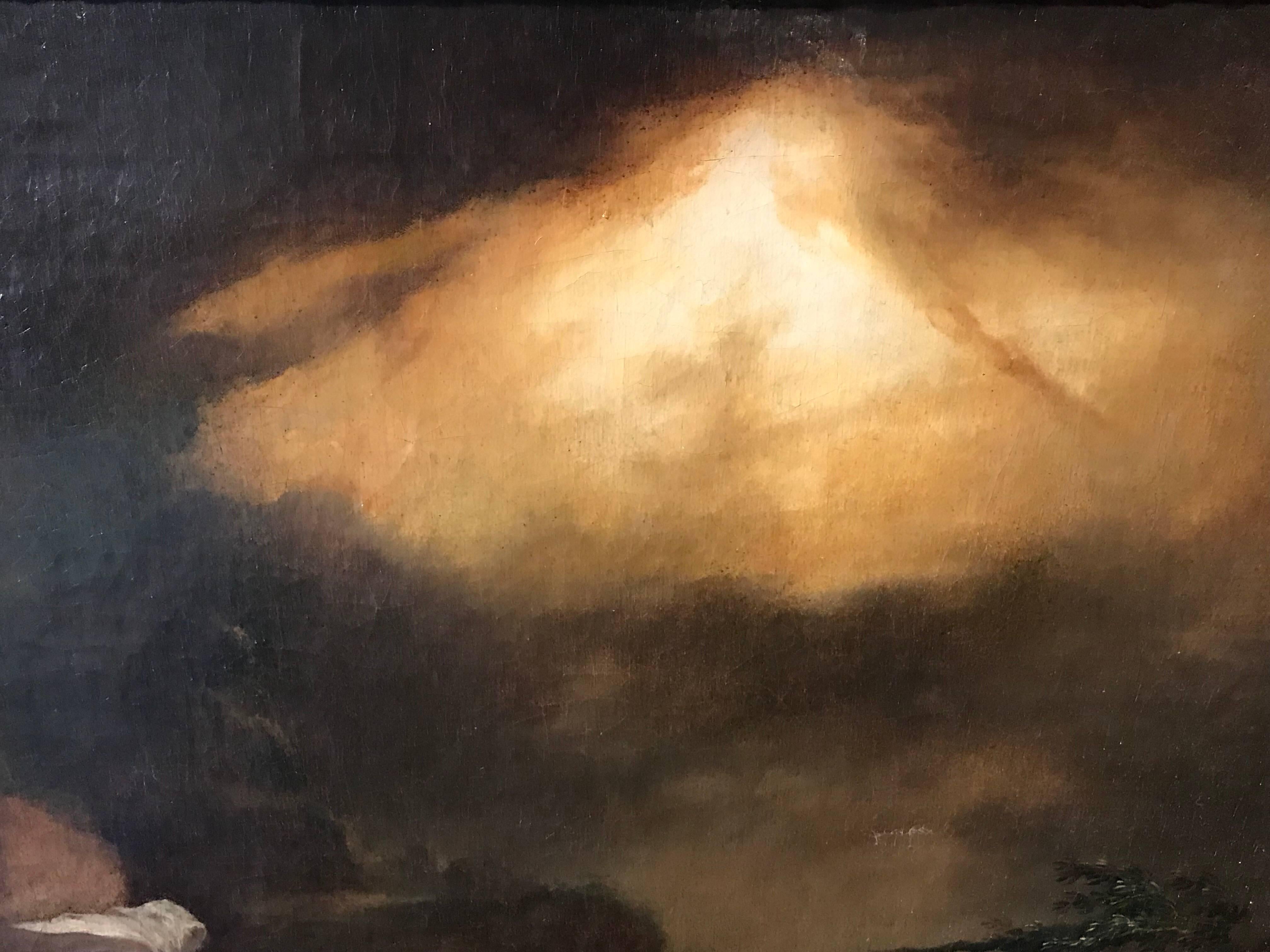 Very fine 19th century Russian oil painting on canvas, depicting this most dramatic of stormy coastal scenes, with a shipwreck. The work is captured under dark and brooding skies, illuminated by the moonlight breaking through the clouds, possibly