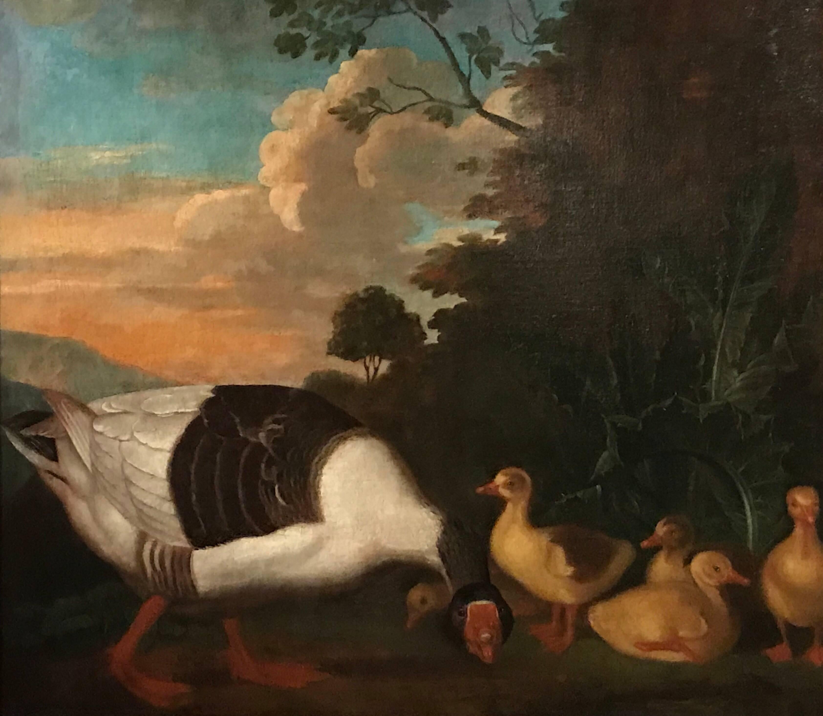 Family of Geese in Arcadian Landscape - Painting by Jakob Bogdani