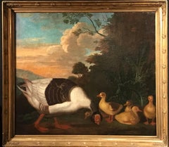 Antique Family of Geese in Arcadian Landscape