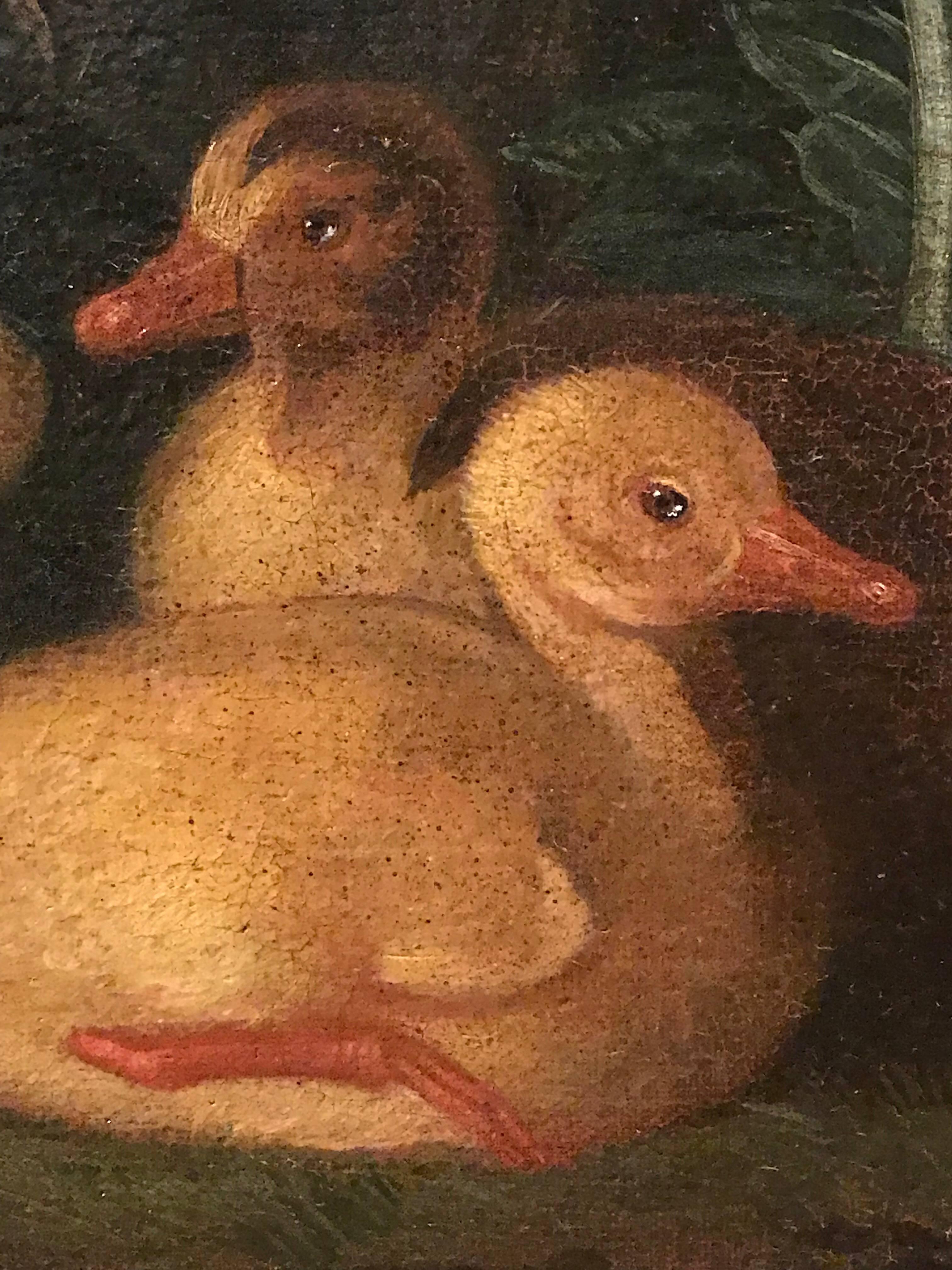 Family of Geese in Arcadian Landscape - Old Masters Painting by Jakob Bogdani