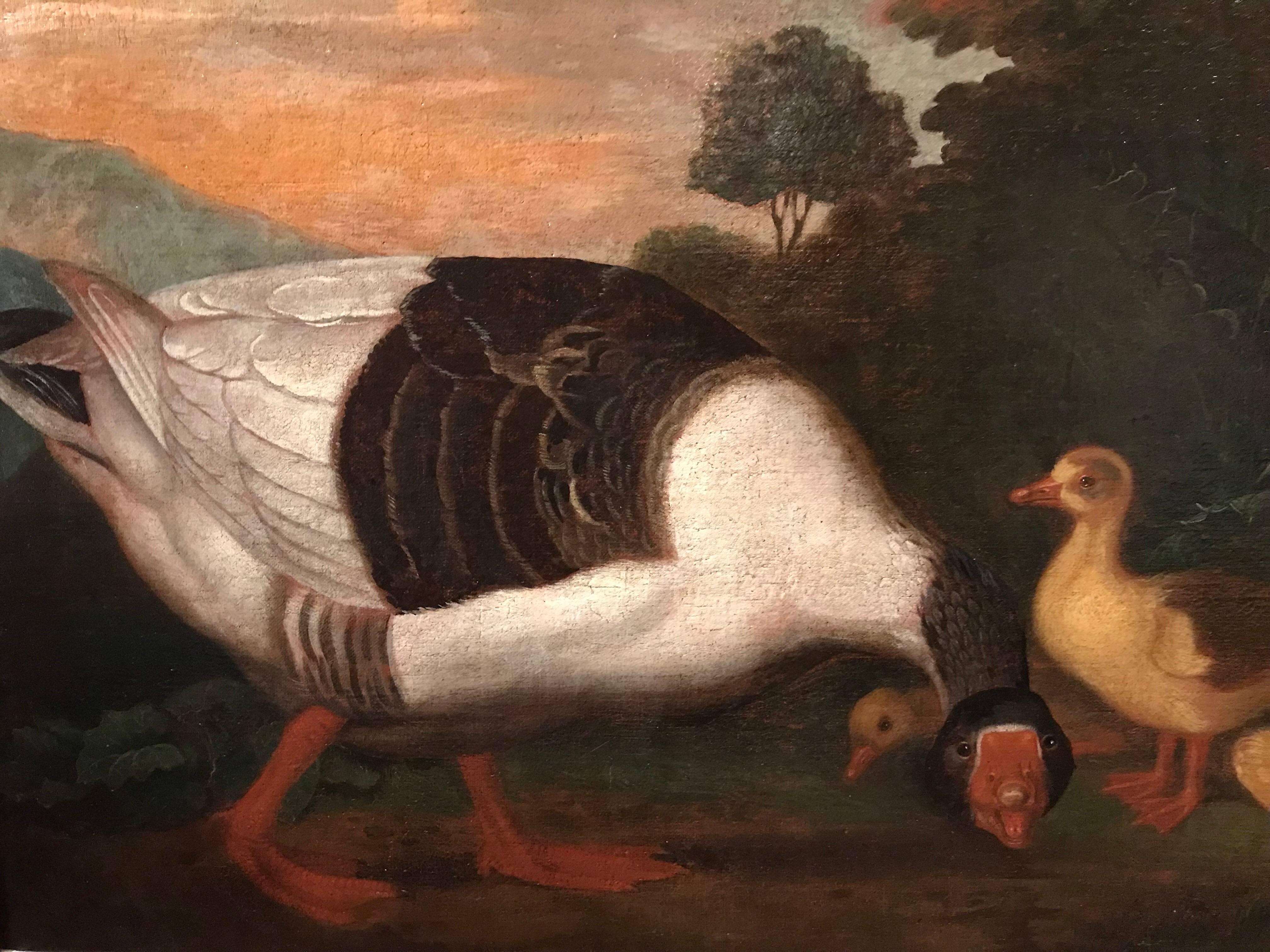 Family of Geese in Arcadian Landscape - Brown Animal Painting by Jakob Bogdani