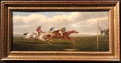 Peinture à l'huile sur panneau de bois représentant une scène de course de chevaux britannique