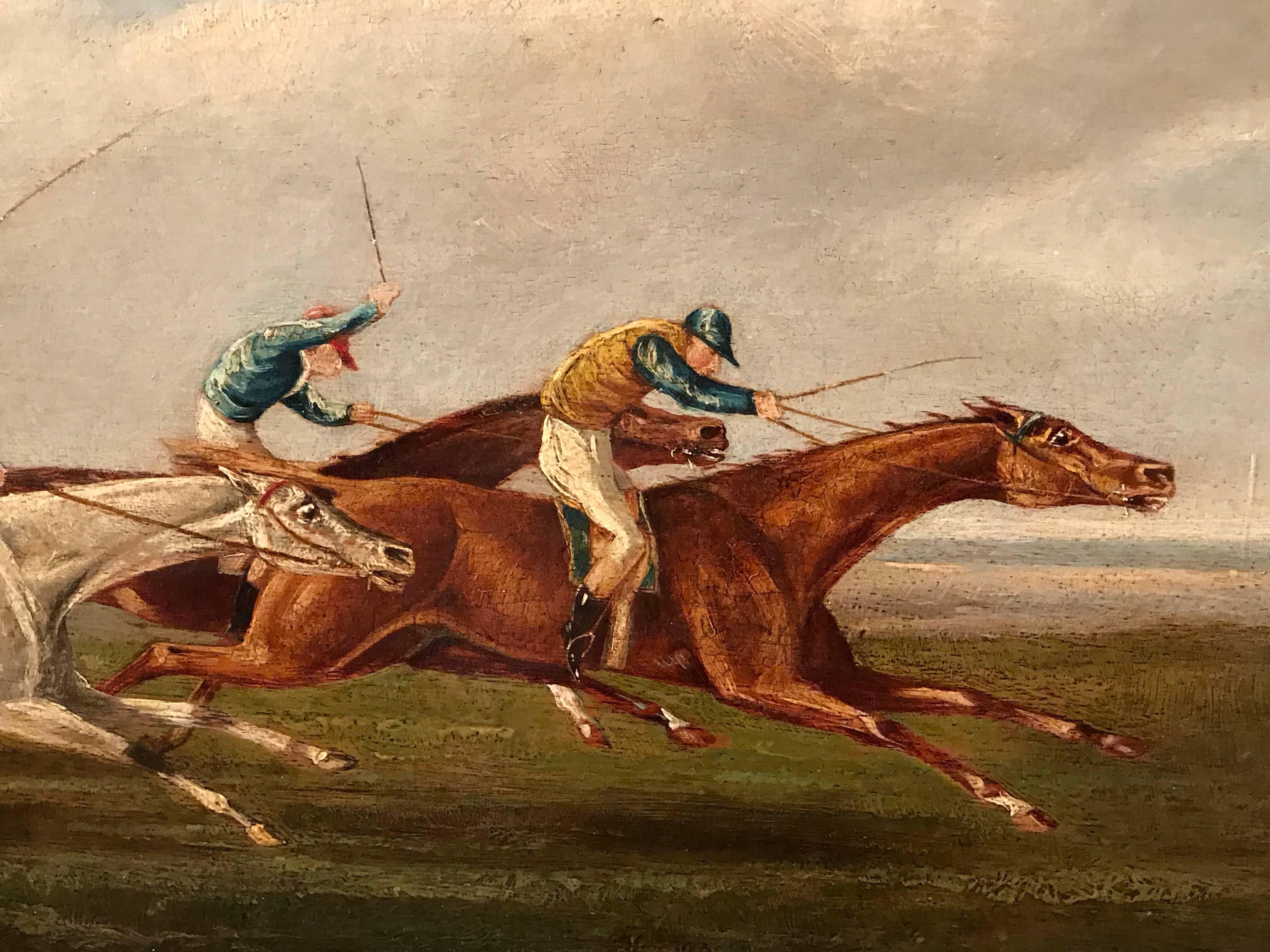 Very fine original oil painting by the highly sought after British sporting artist, Henry Alken (1810-1894). The work shows a horse race in full gallop, with jockeys up and a small crowd cheering on from the finishing post. 

The painting is a fine