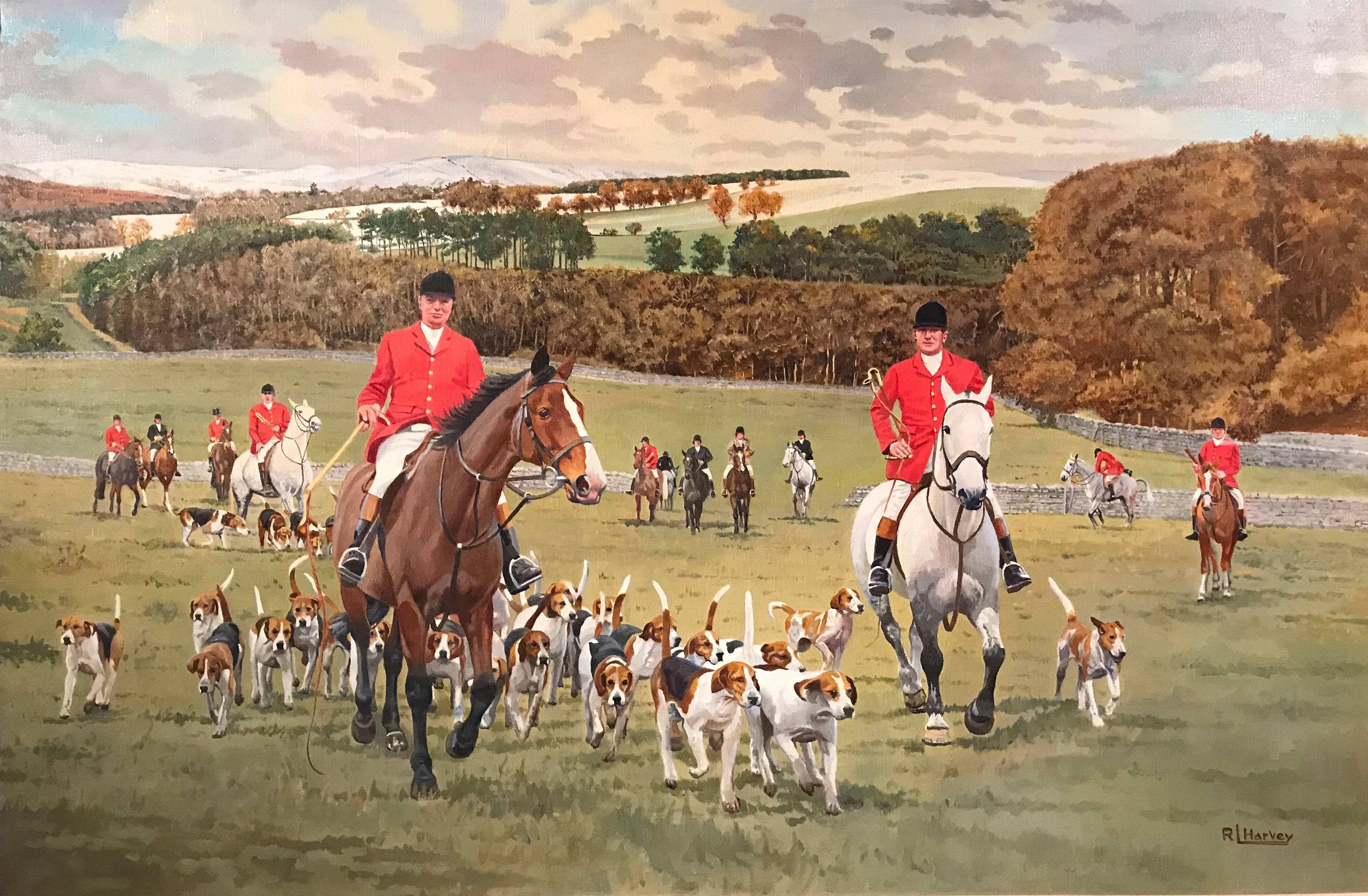 Reginald Llewellyn Harvey Landscape Painting - The Hunt - very large British painting