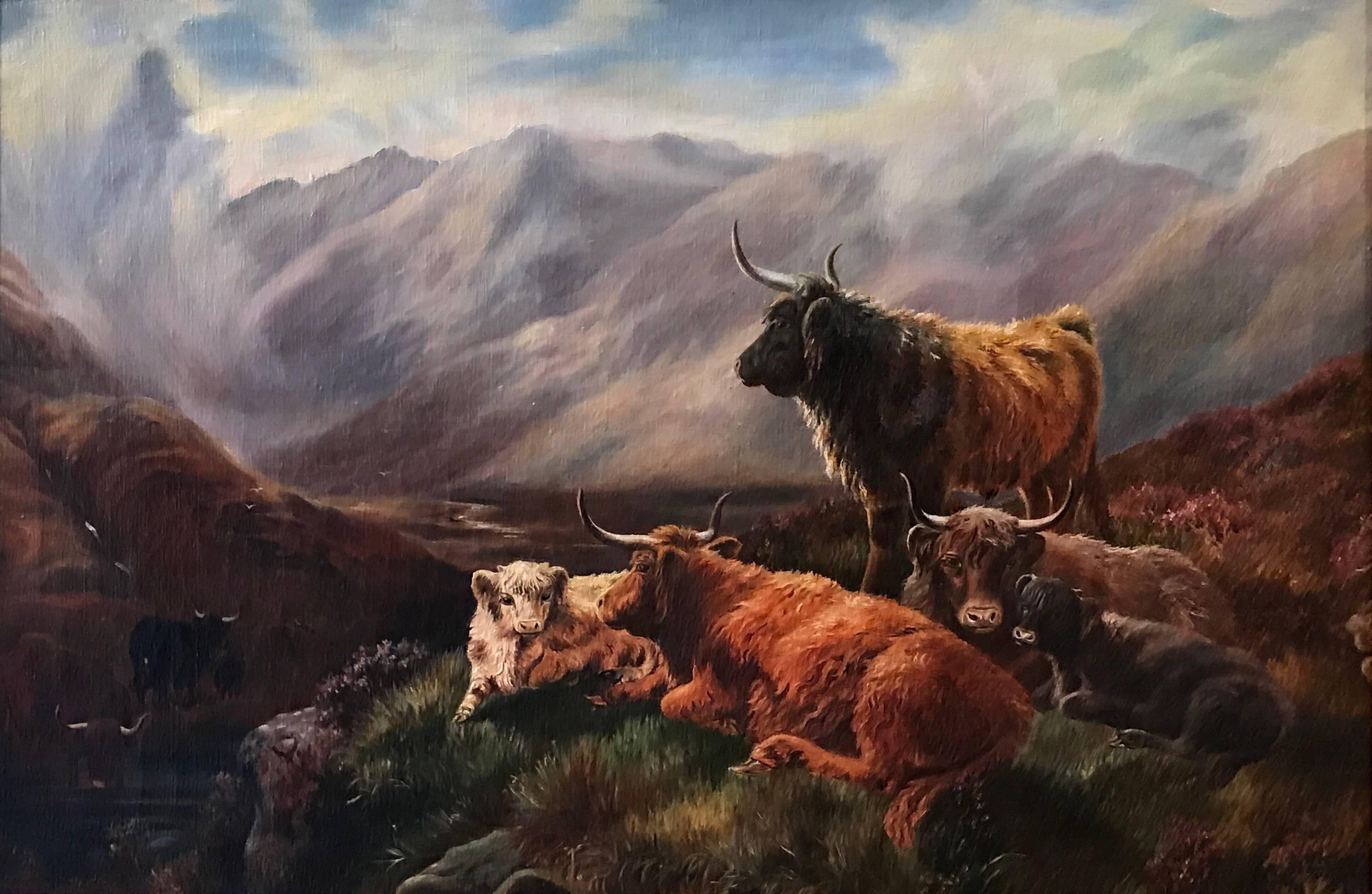 Victorian Oil Highland Cattle in Mountainous Landscape - Painting by Unknown