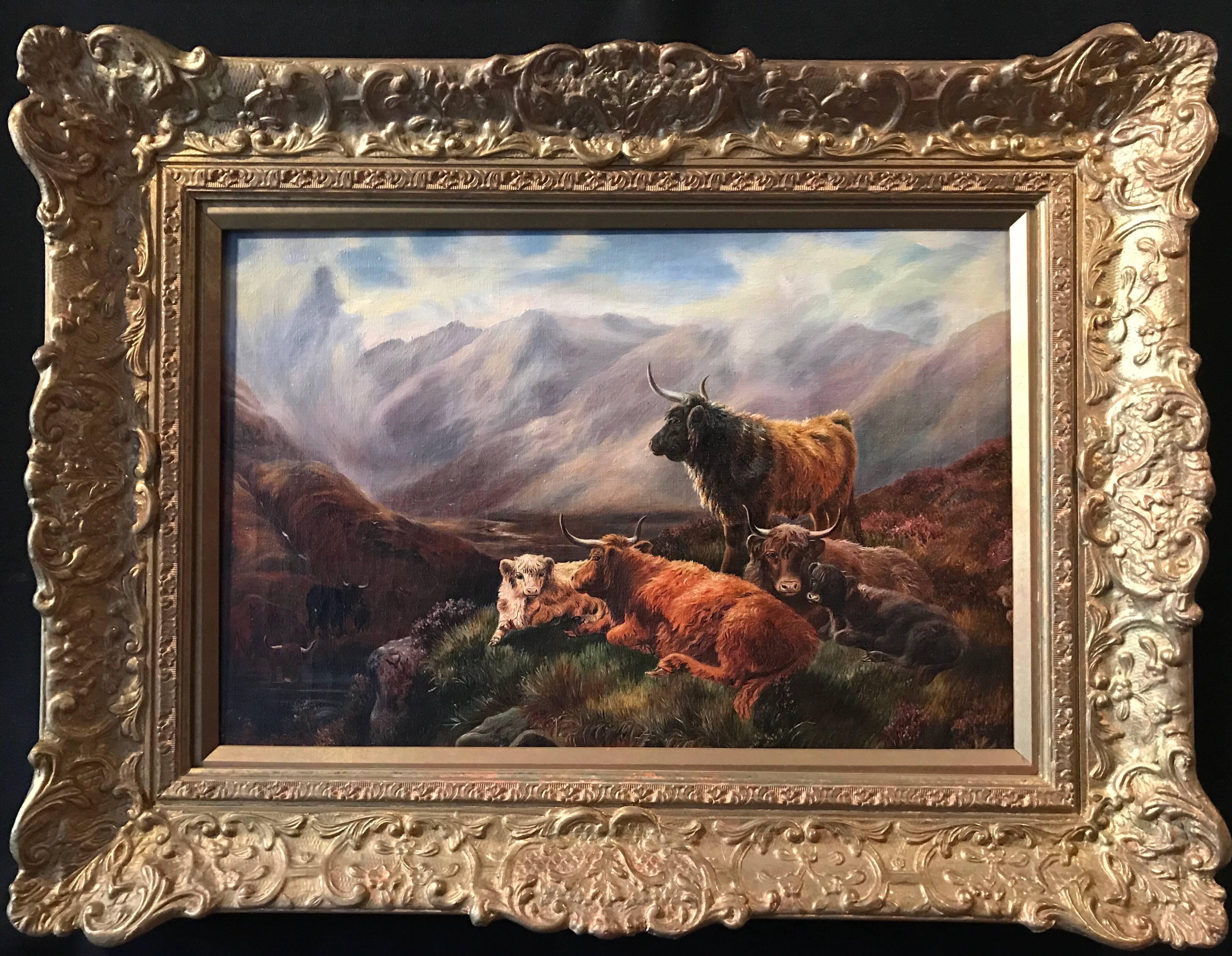 Unknown Landscape Painting - Victorian Oil Highland Cattle in Mountainous Landscape