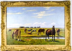 Peinture à l'huile signée « Horses & Cattle Grazing Tranquil Pastures »