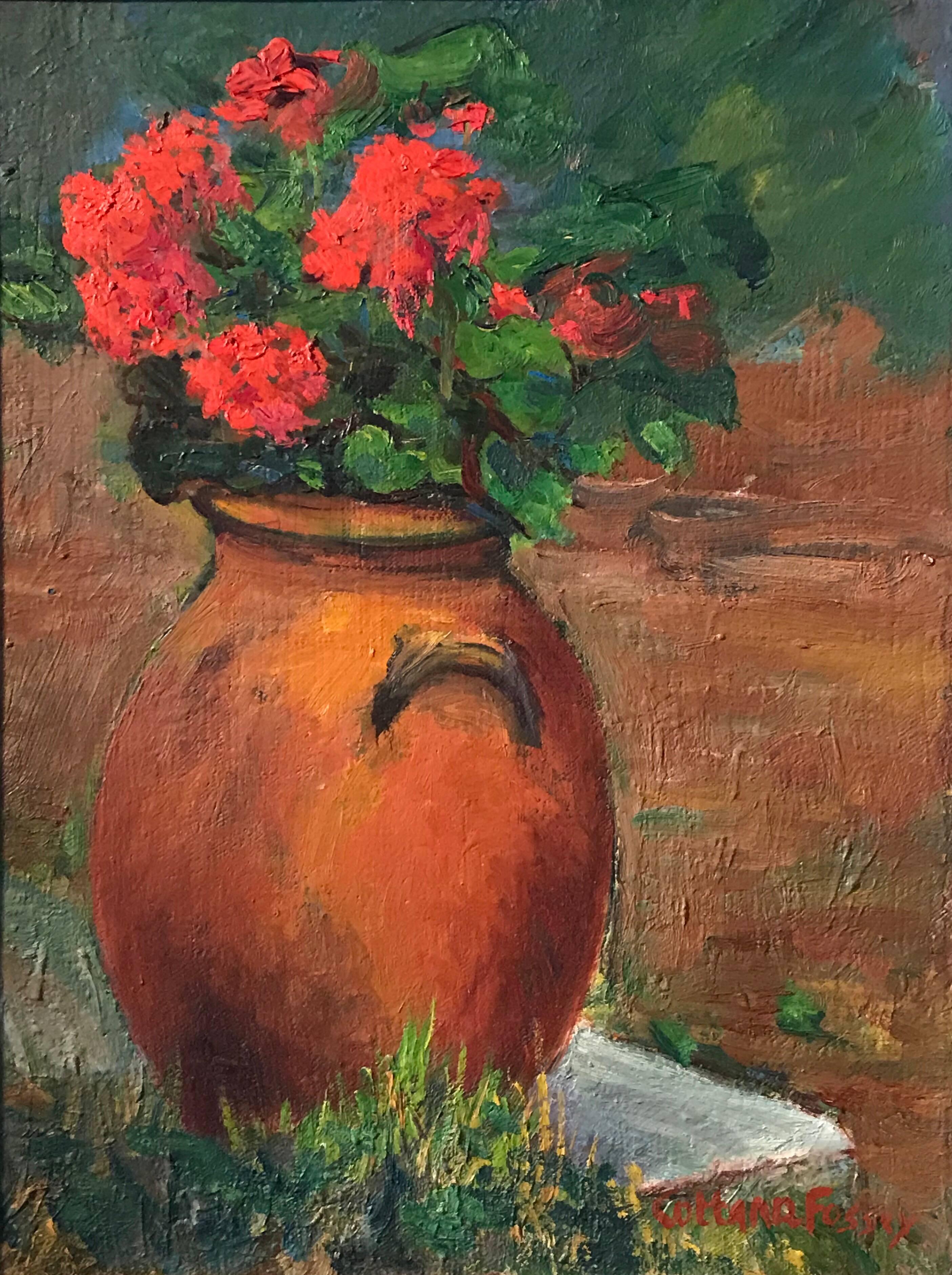 Louise Jeanne Cottard-Fossey Landscape Painting - Flowers in Terracotta Pot - French Impressionist Oil Painting