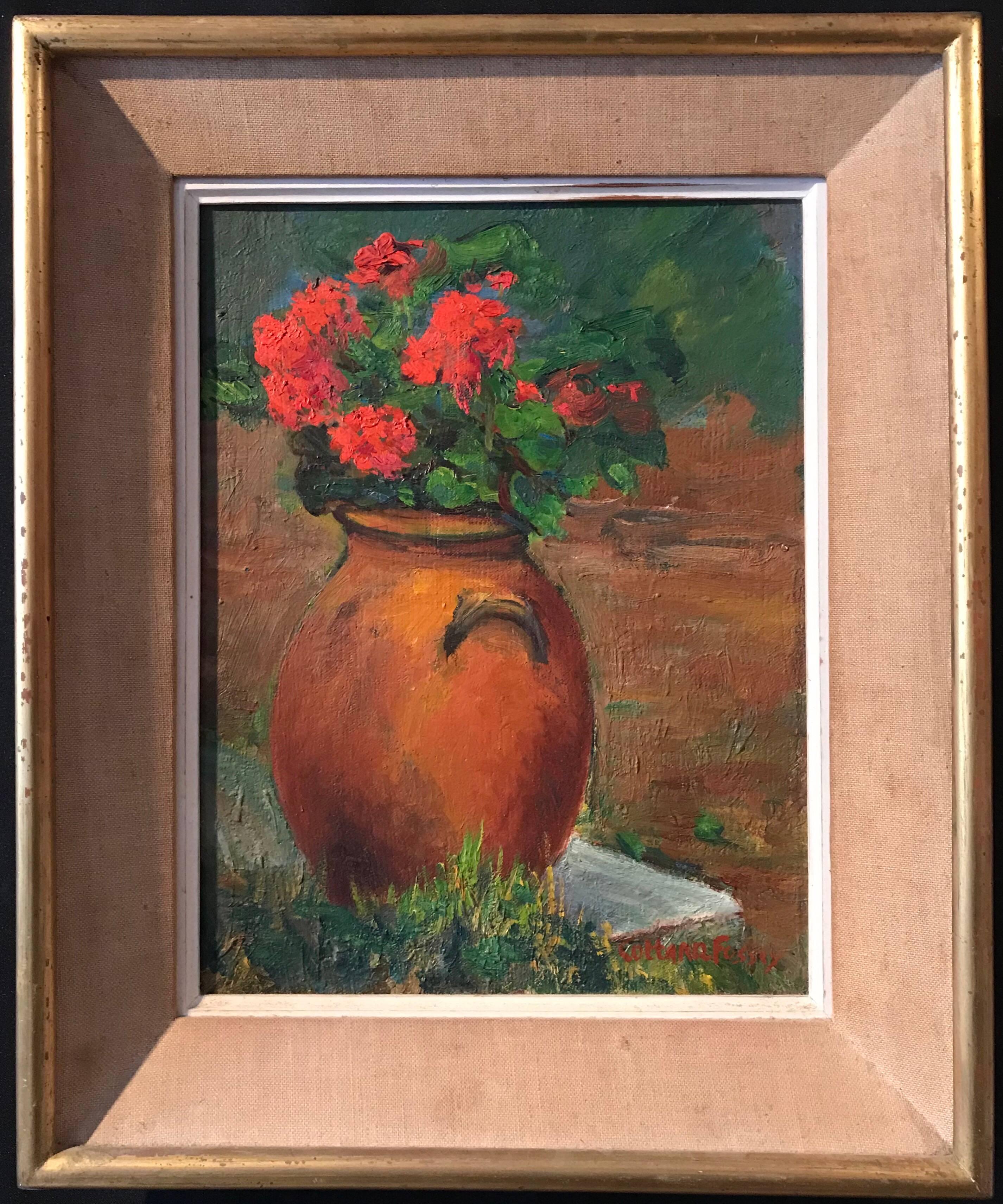 Blumen in Terrakotta-Töpfer – französisches impressionistisches Ölgemälde – Painting von Louise Jeanne Cottard-Fossey