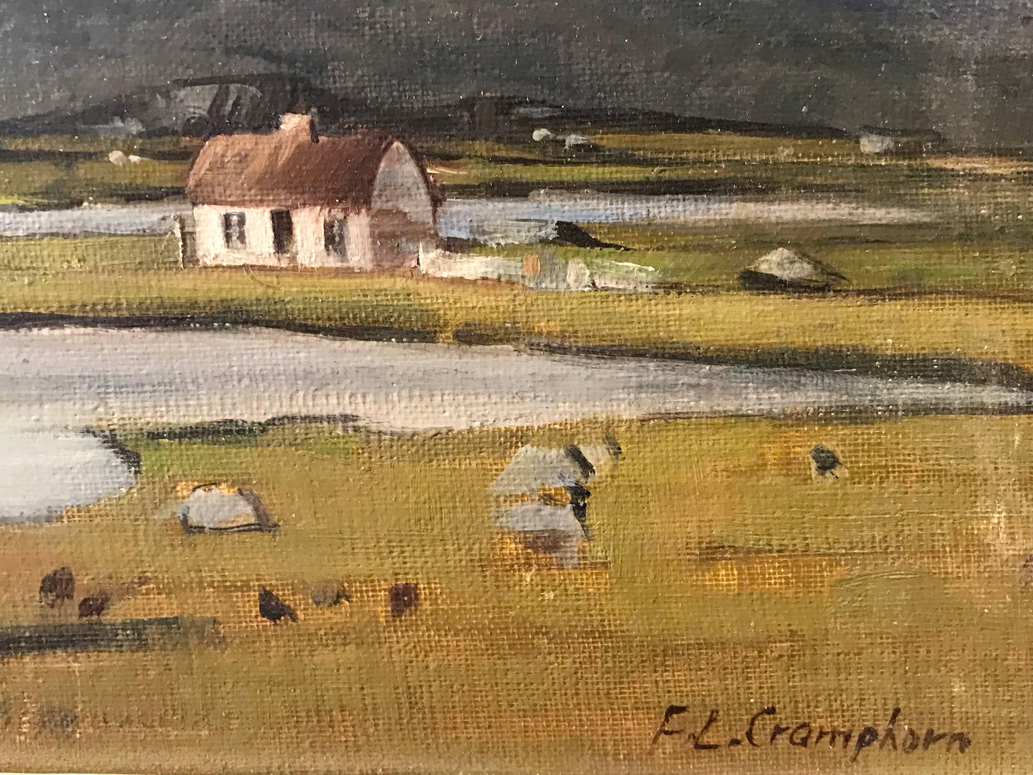 Connemara - Irish Landscape with Cottage Signed Oil Painting on Board - Brown Landscape Painting by F.L. Cramphorn