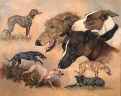 Lurcher Dogs signed oil painting on canvas