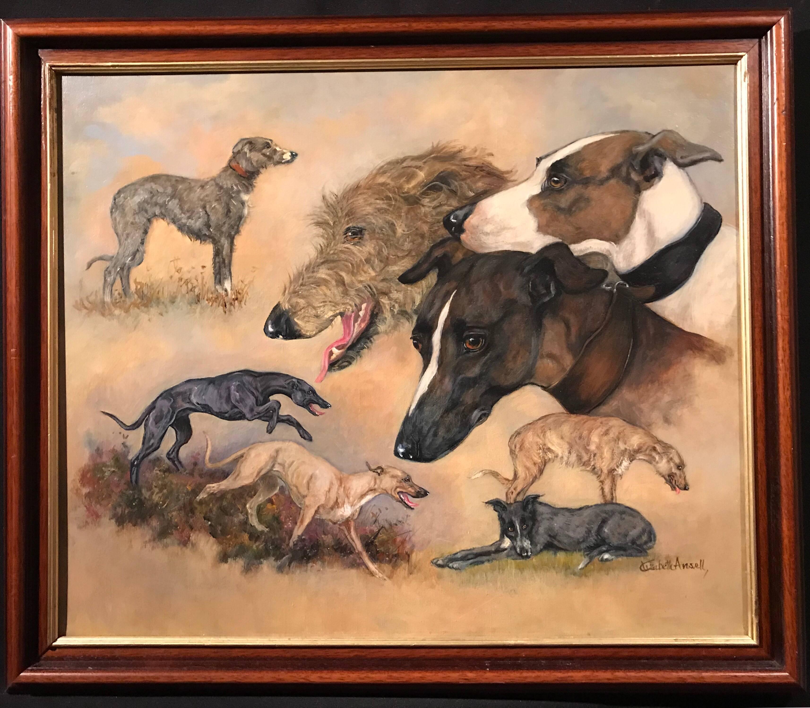 Lurcher Dogs signed oil painting on canvas - Painting by Elizabeth Ansell