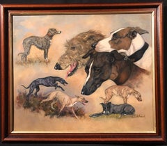 Lurcher Dogs signed oil painting on canvas