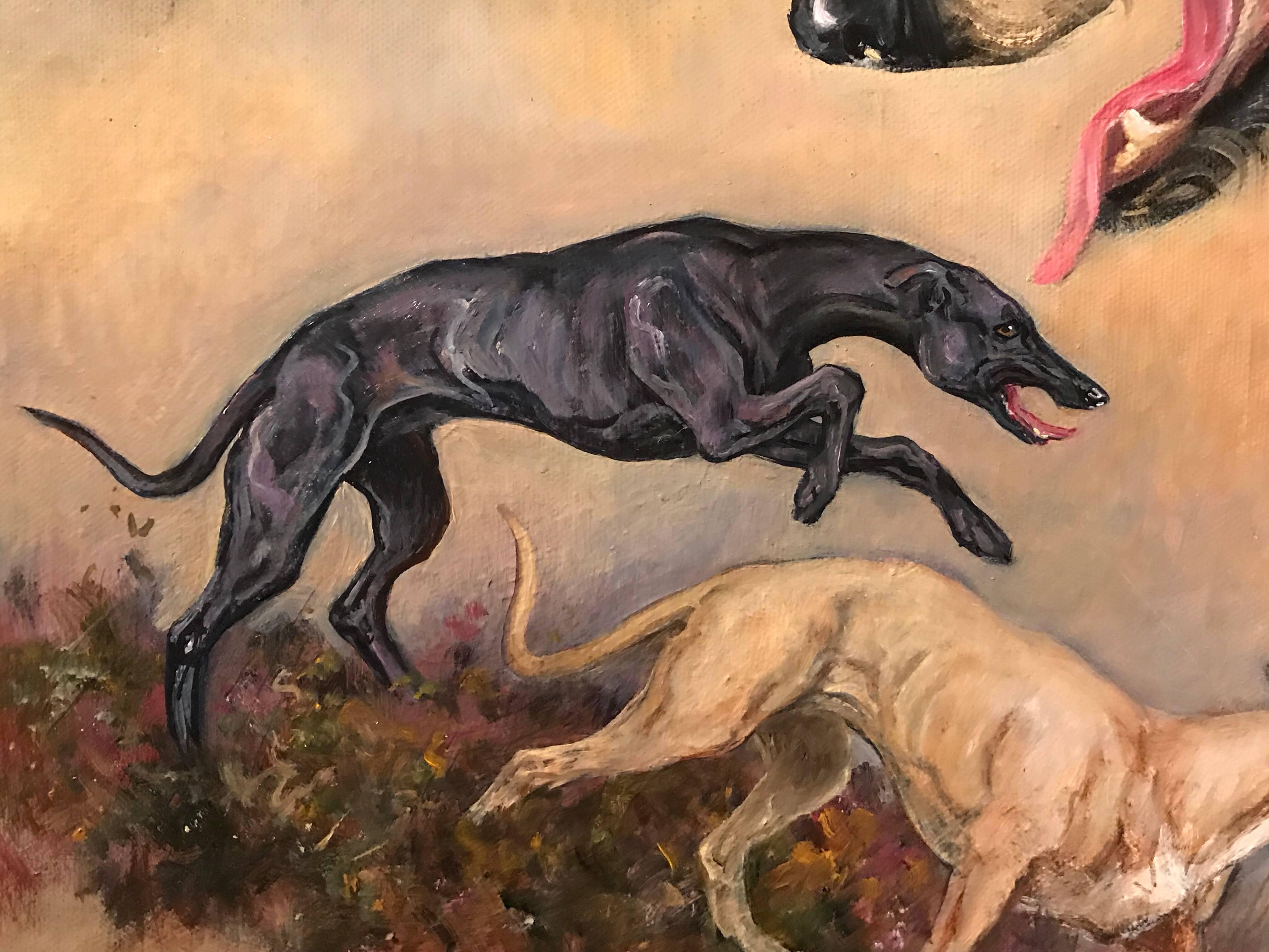 Lurcher Dogs signed oil painting on canvas - Realist Painting by Elizabeth Ansell