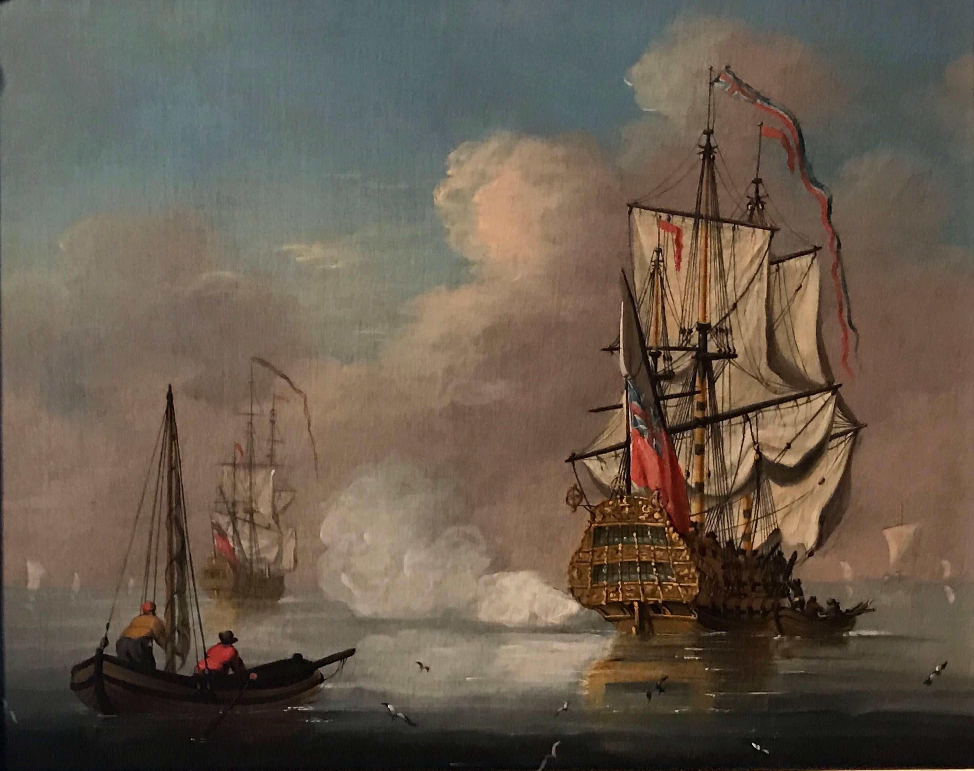 The Evening Salute Fine 18th century English Maritime oil painting on canvas - Painting by Peter Monamy