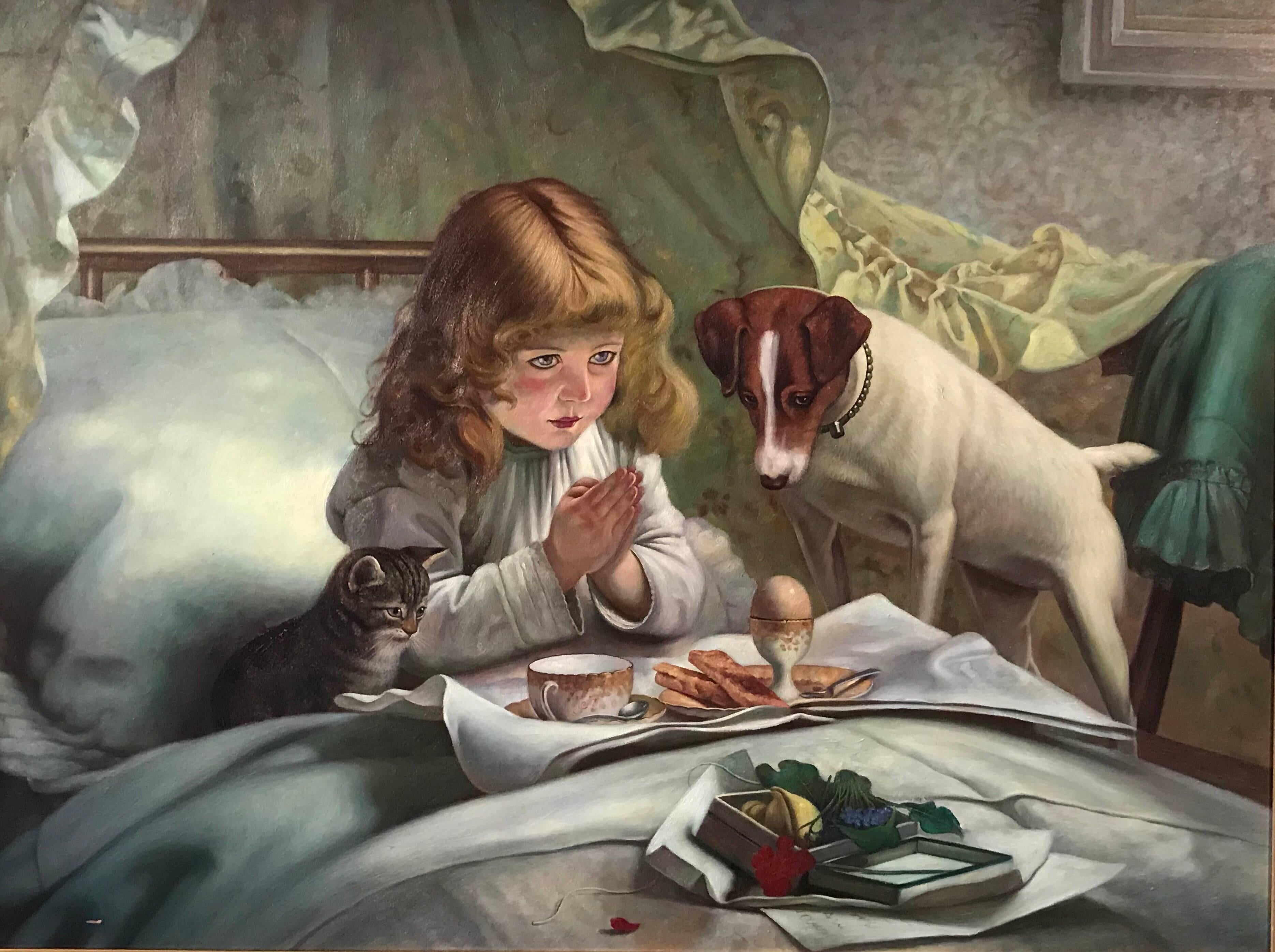 (After) Charles Burton Barber Figurative Painting - Breakfast in Bed, very large oil painting on canvas