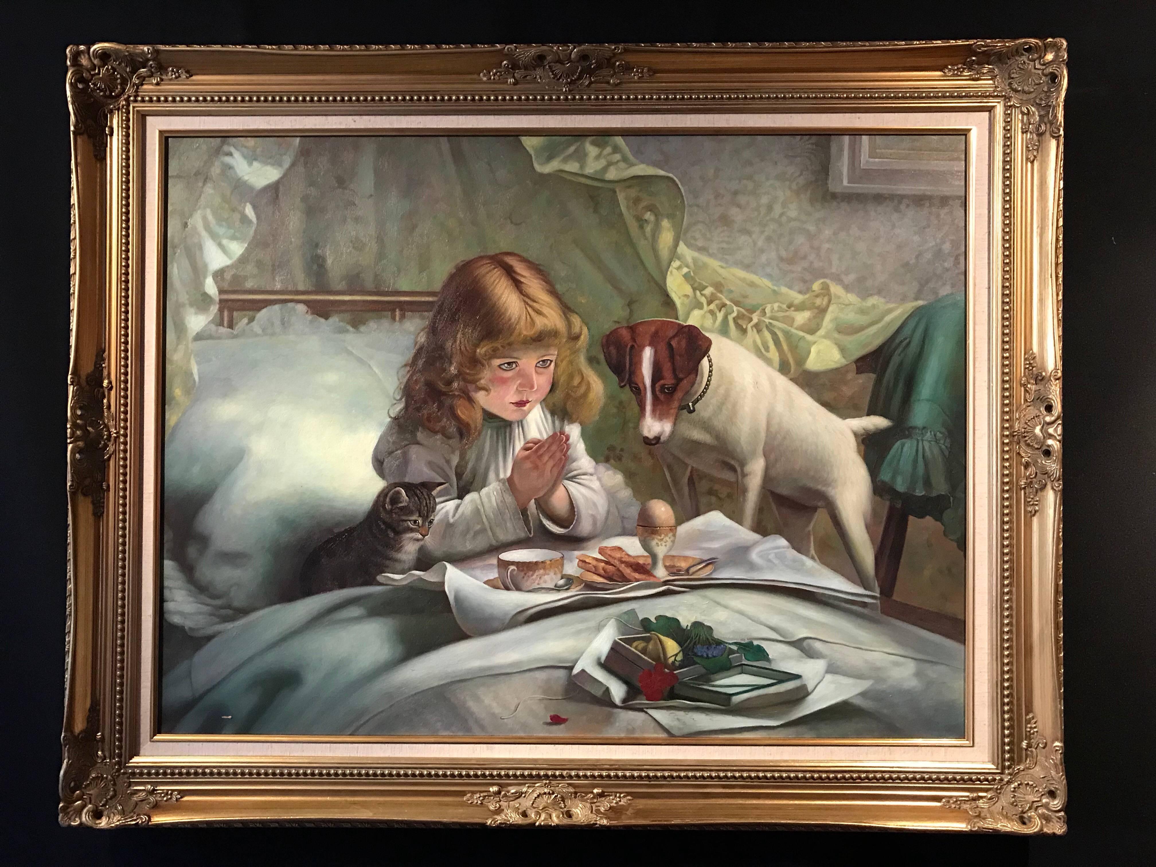 Breakfast in Bed, very large oil painting on canvas - Painting by (After) Charles Burton Barber