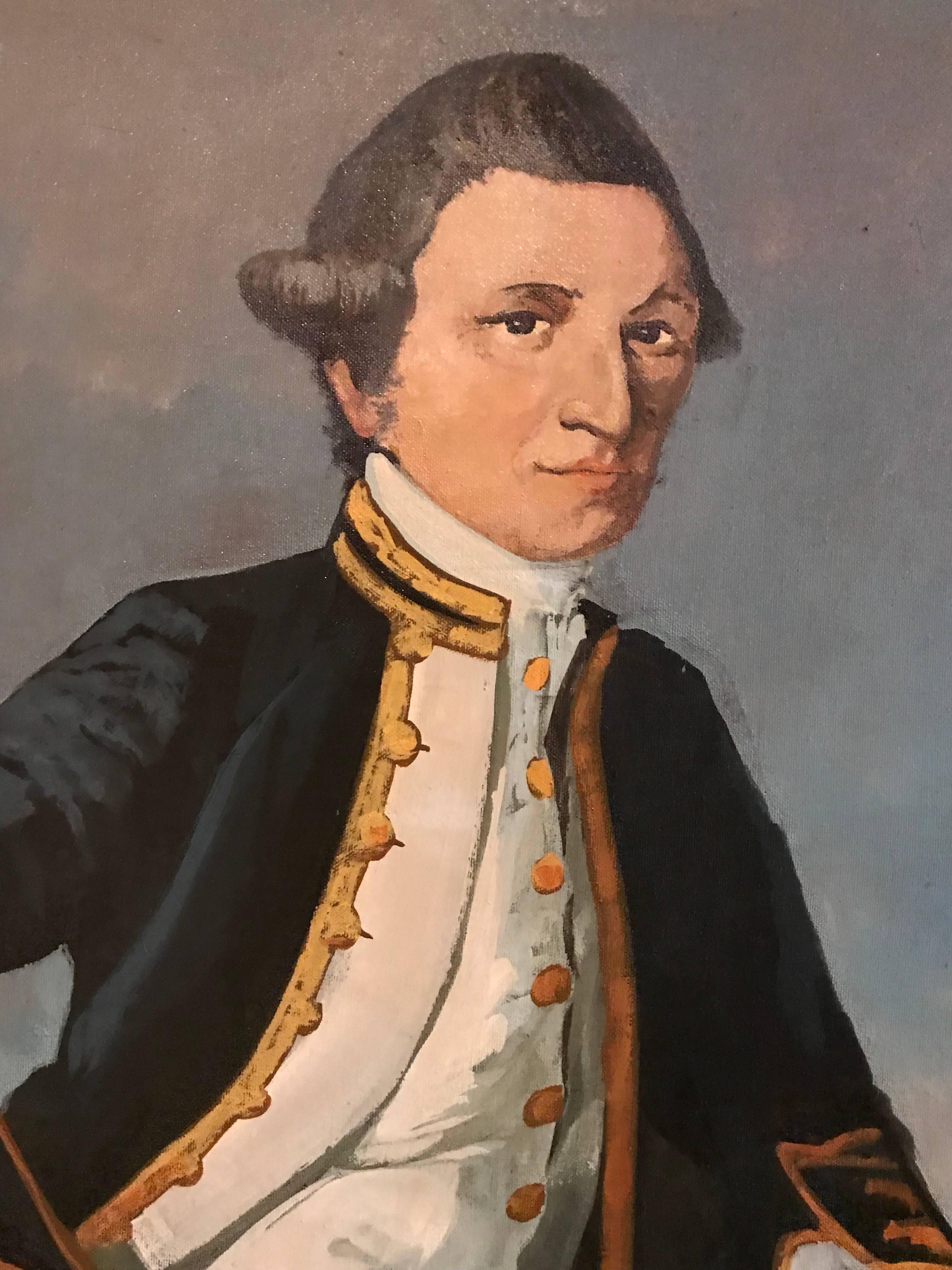 Captain James Cook
English School, circa 1970's
oil painting on board, framed

framed size: 49.5 x 37 inches

Large scale portrait of the famous 18th century explorer, James Cook. The work is taken from the earlier work by James Webber (c.1752-1793)