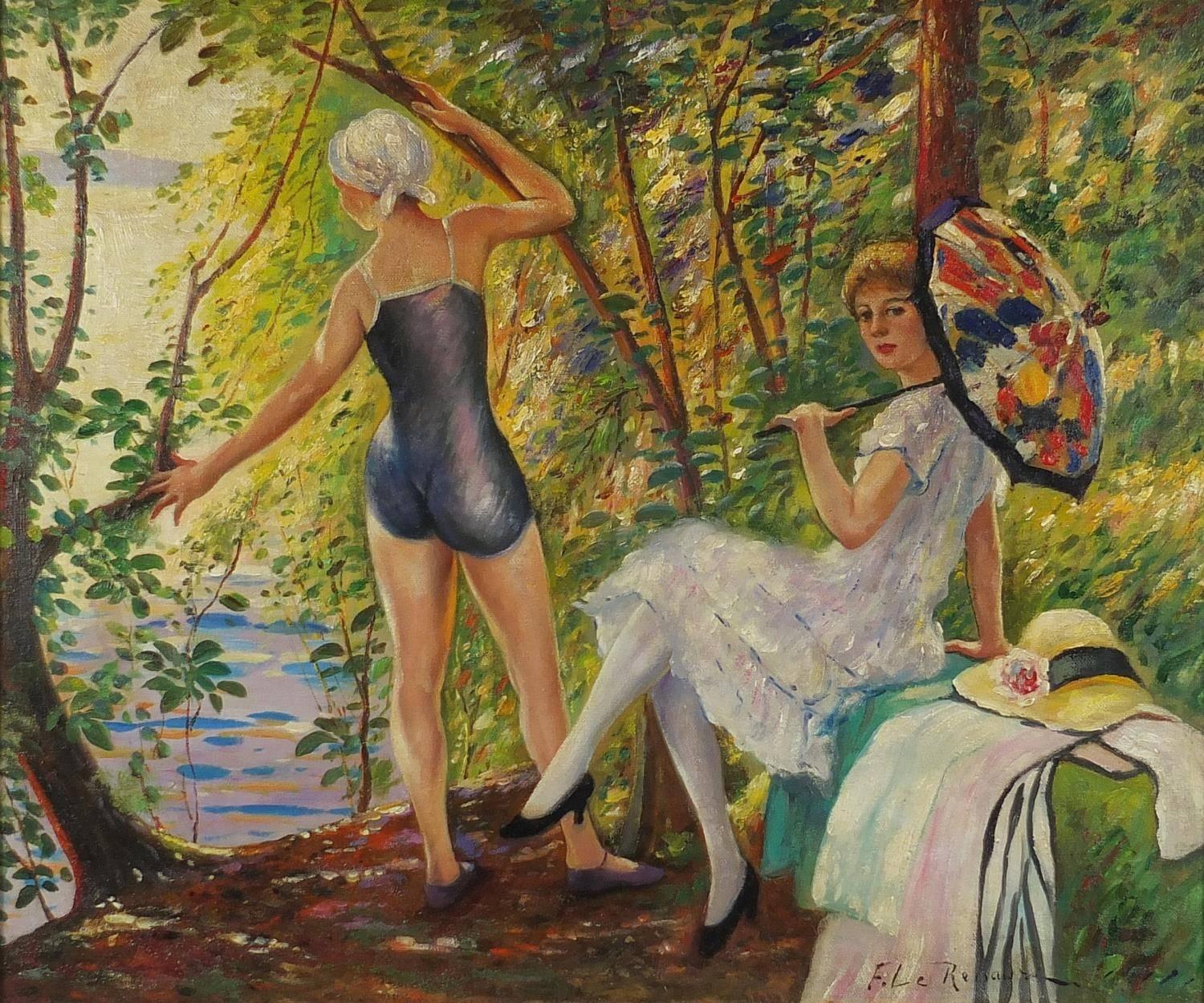 Unknown Figurative Painting - Elegant Ladies Bathing by River, French Impressionist Signed Oil Painting