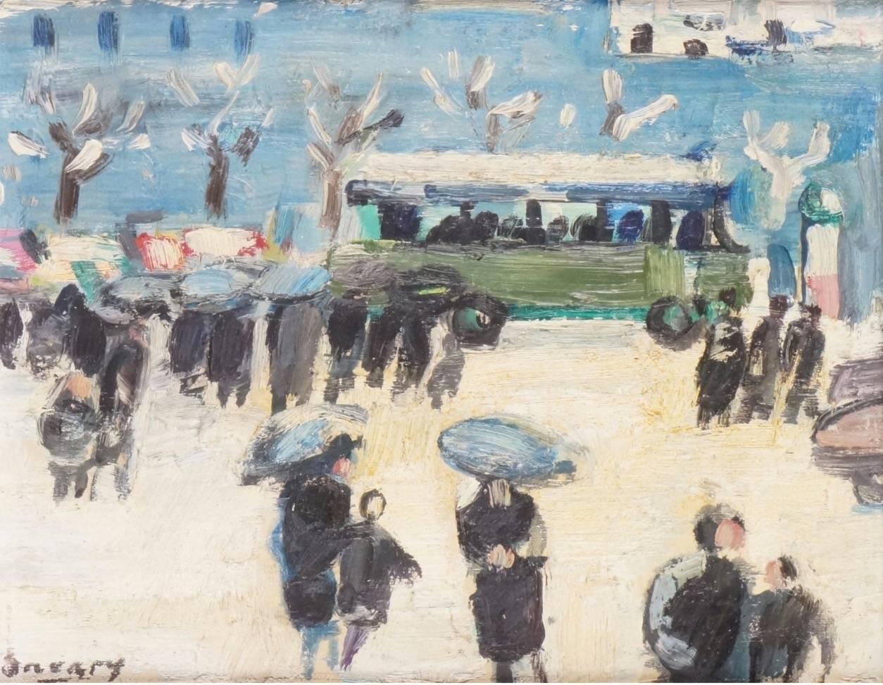 Robert Savary Figurative Painting - Paris, Passants et Autobus - Signed Post-Impressionist Oil Painting