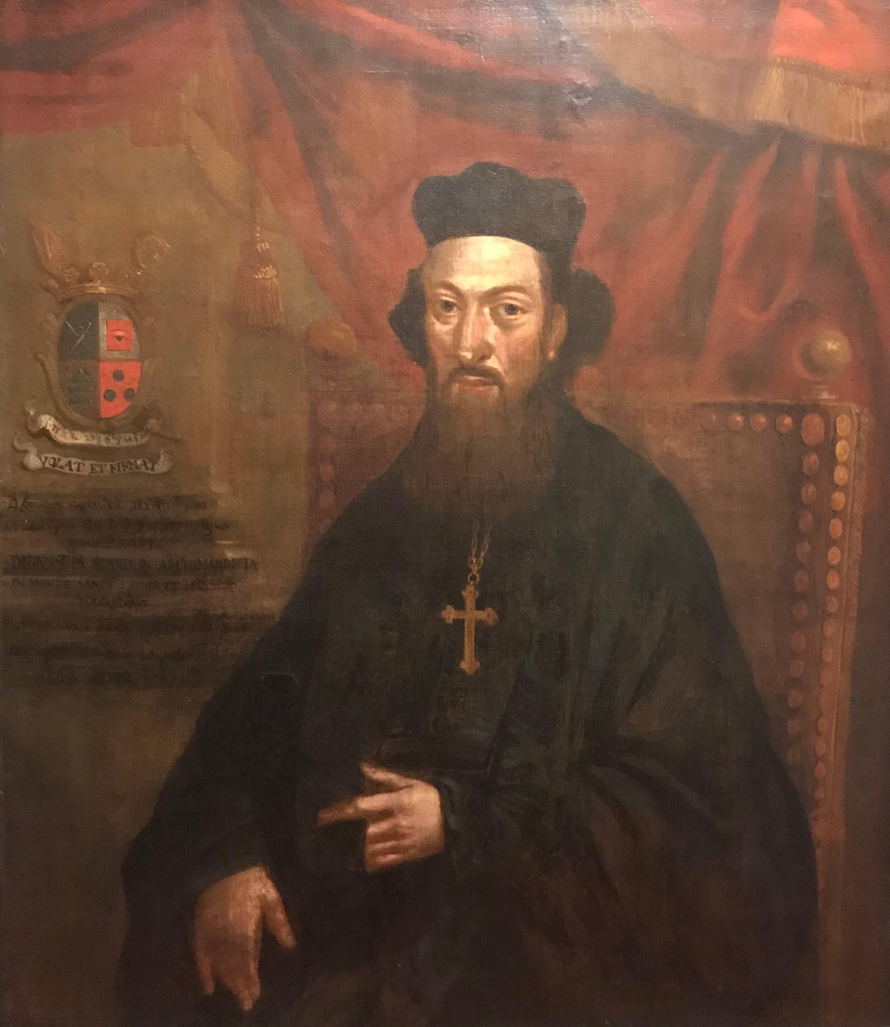 The Archimandrite
Continental School, 18th century
oil painting on canvas, framed

canvas: 38 x 33 inches
framed: 43.5 x 39 inches

Very fine and rare antique portrait of an Orthodox religious figure, believed to be an Archimandrite. The painting,