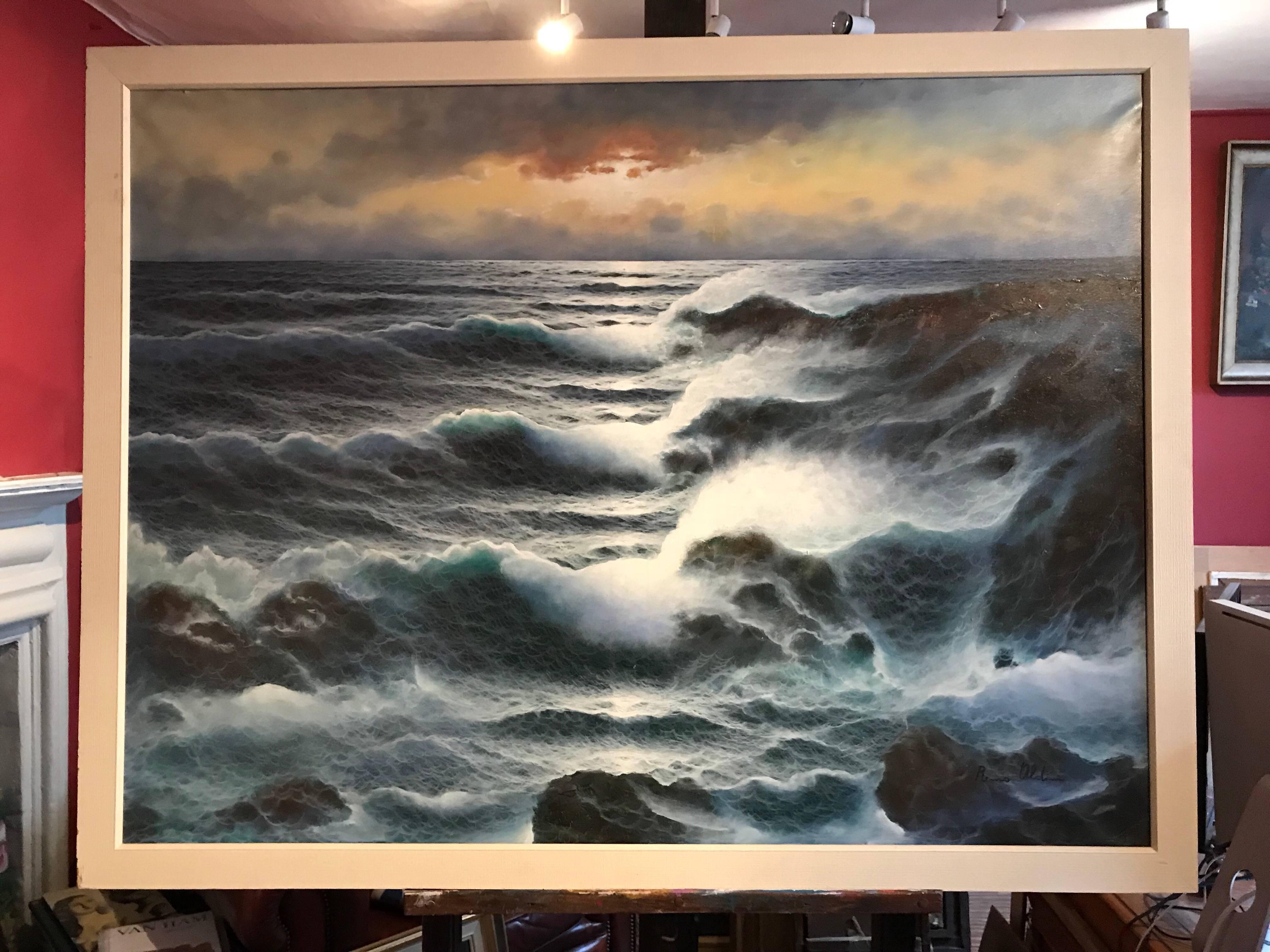 Sunset over Breaking Waves, huge oil painting - Painting by Remo Aldini