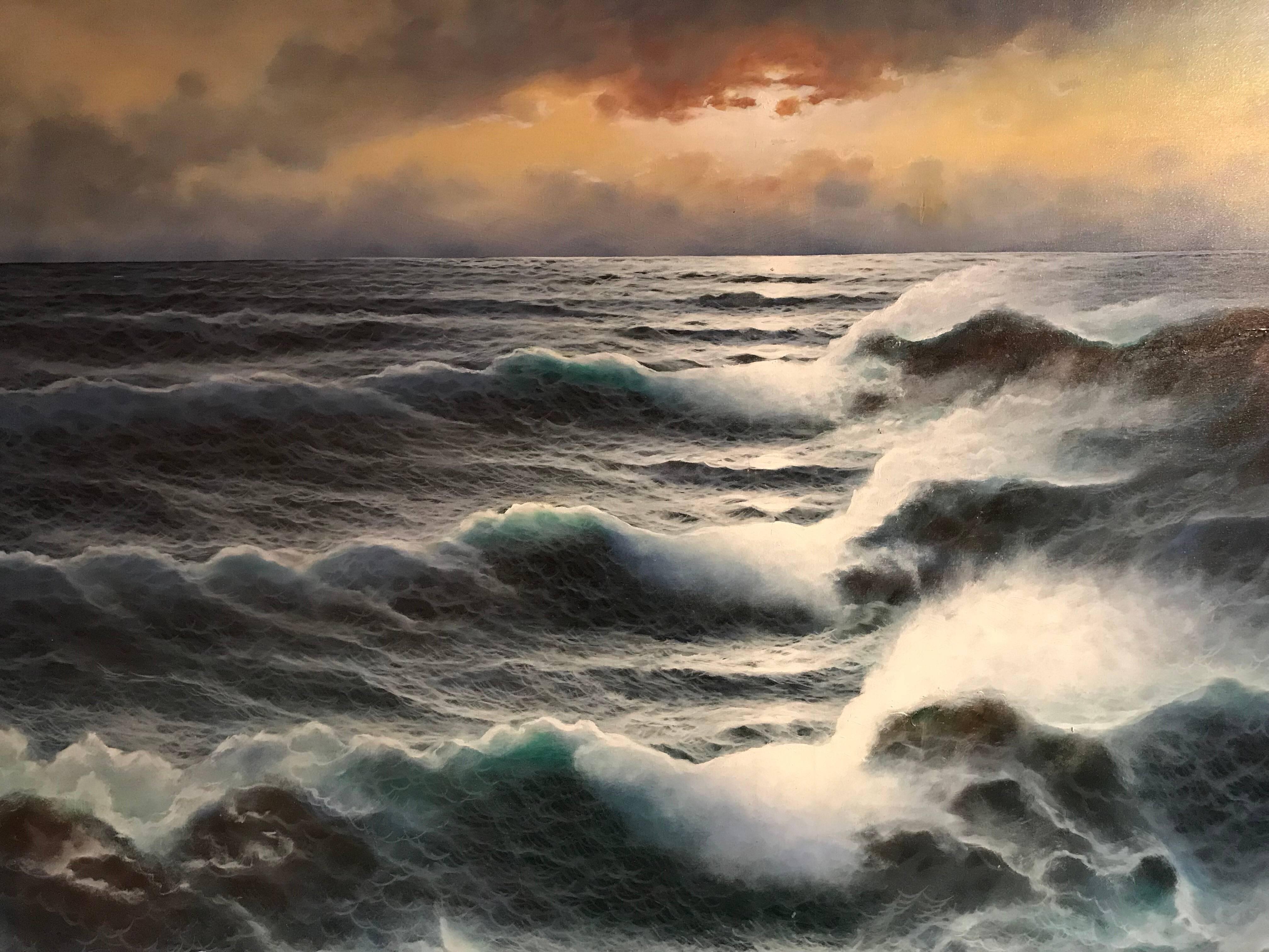Sunset over Breaking Waves, huge oil painting - Impressionist Painting by Remo Aldini